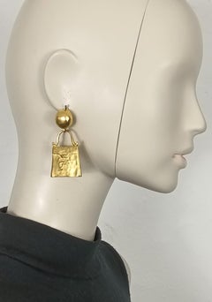 KARL LAGEFERLD Vintage Gold Tone Bag Novelty Dangling Earrings