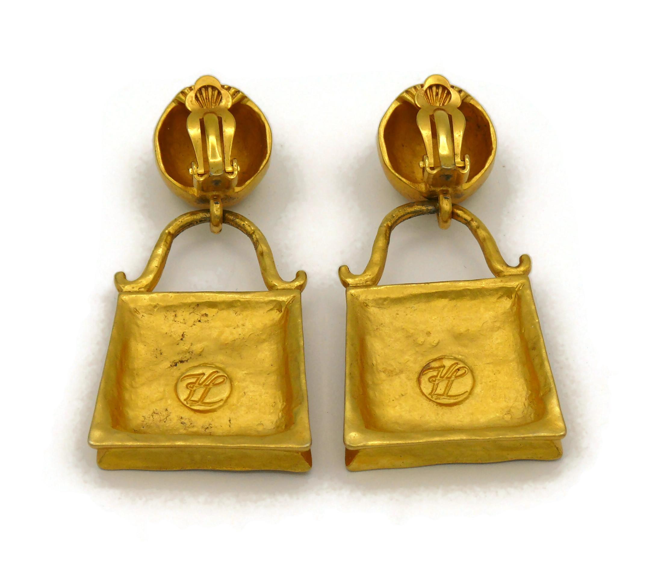 KARL LAGEFERLD Vintage Gold Tone Bag Novelty Dangling Earrings For Sale 3