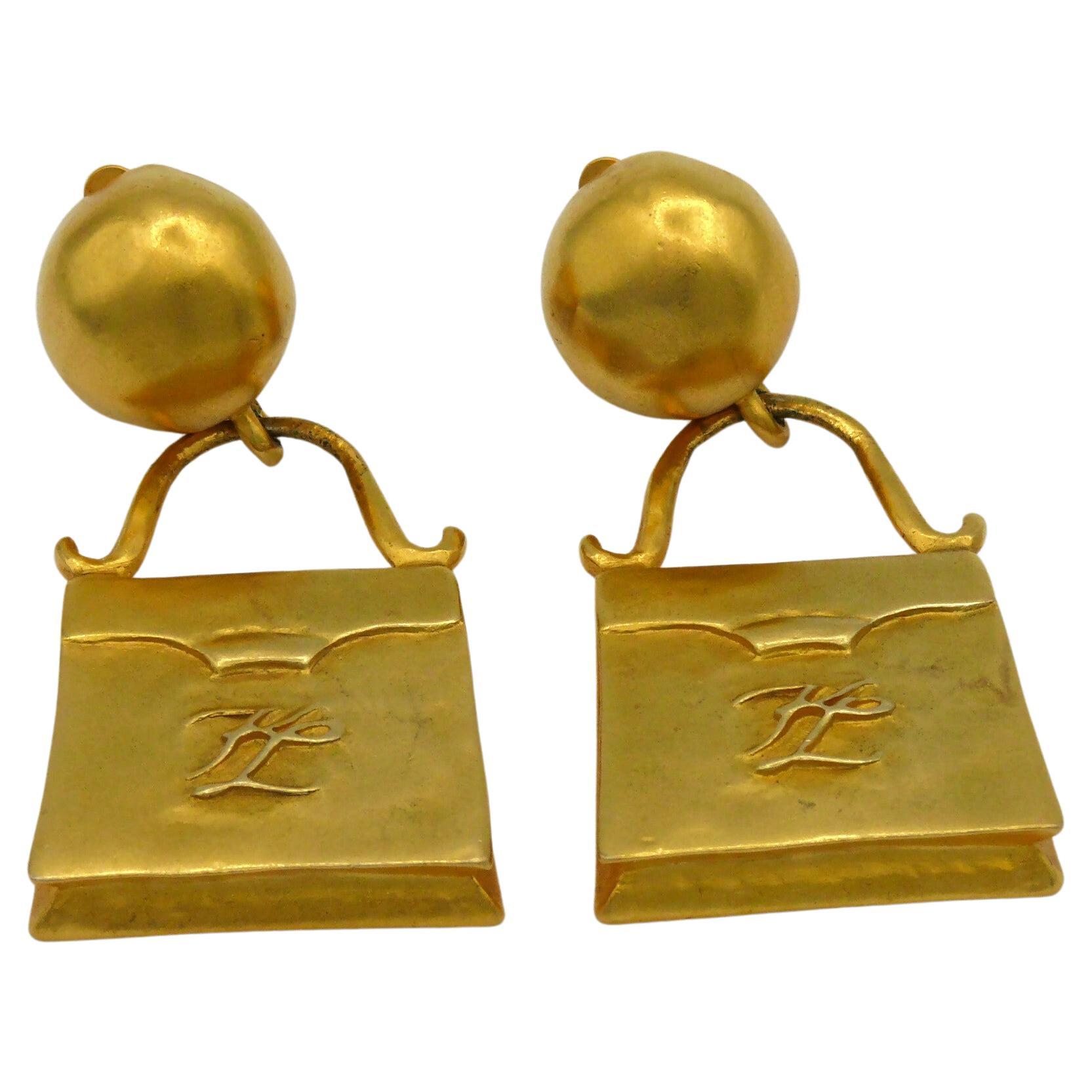 KARL LAGEFERLD Vintage Gold Tone Bag Novelty Dangling Earrings For Sale