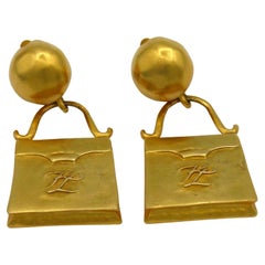 KARL LAGEFERLD Vintage Gold Tone Bag Novelty Dangling Earrings