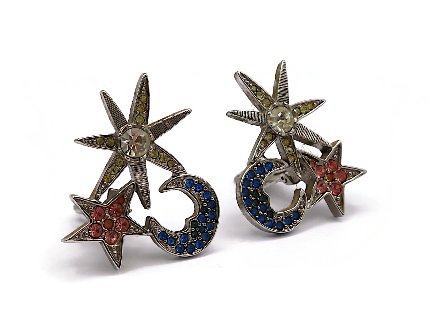KARL LAGEFERLD Vintage Jewelled Sun, Moon, Star Clip-On Earrings In Good Condition For Sale In Nice, FR