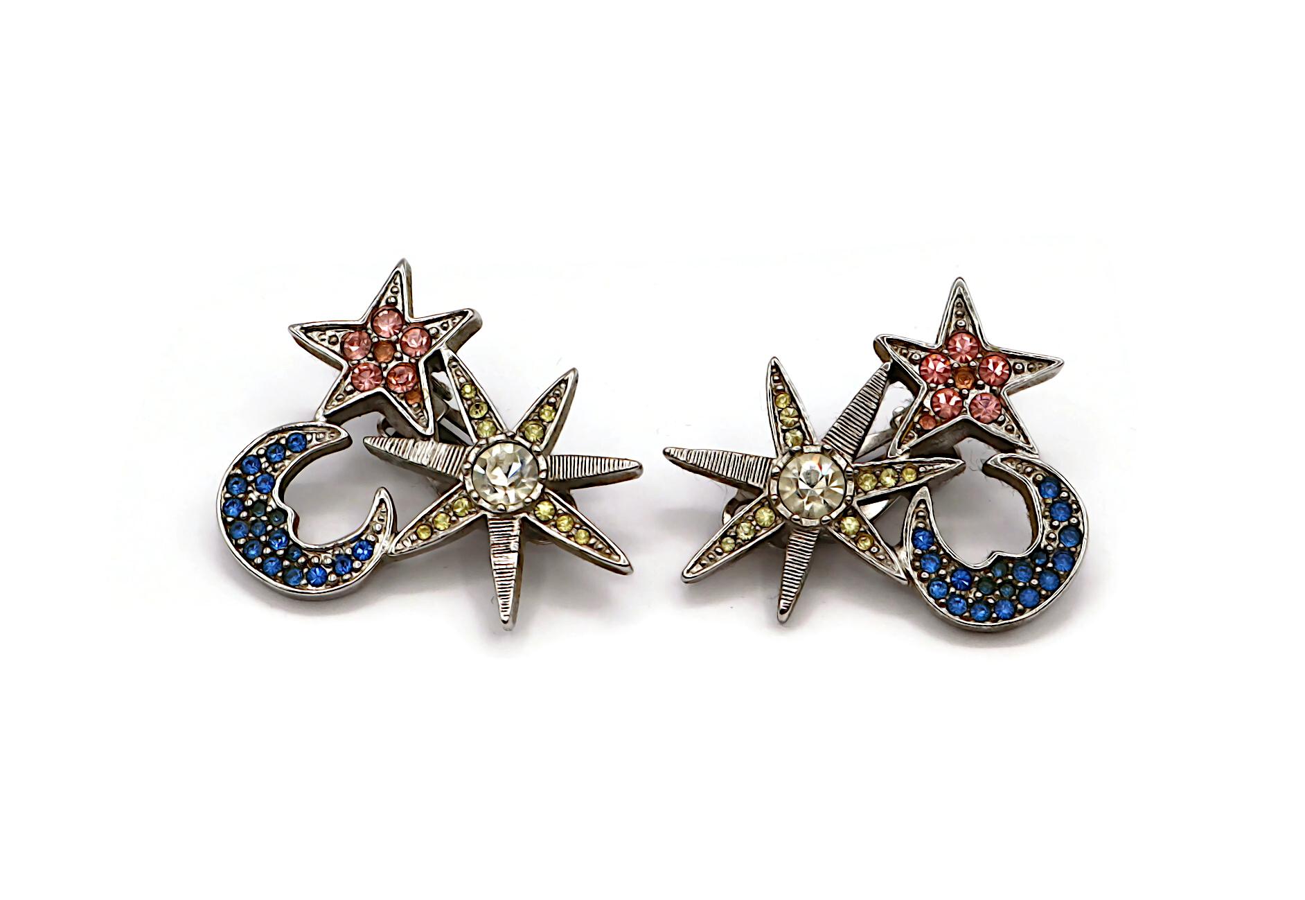 KARL LAGEFERLD Vintage Jewelled Sun, Moon, Star Clip-On Earrings For Sale 2