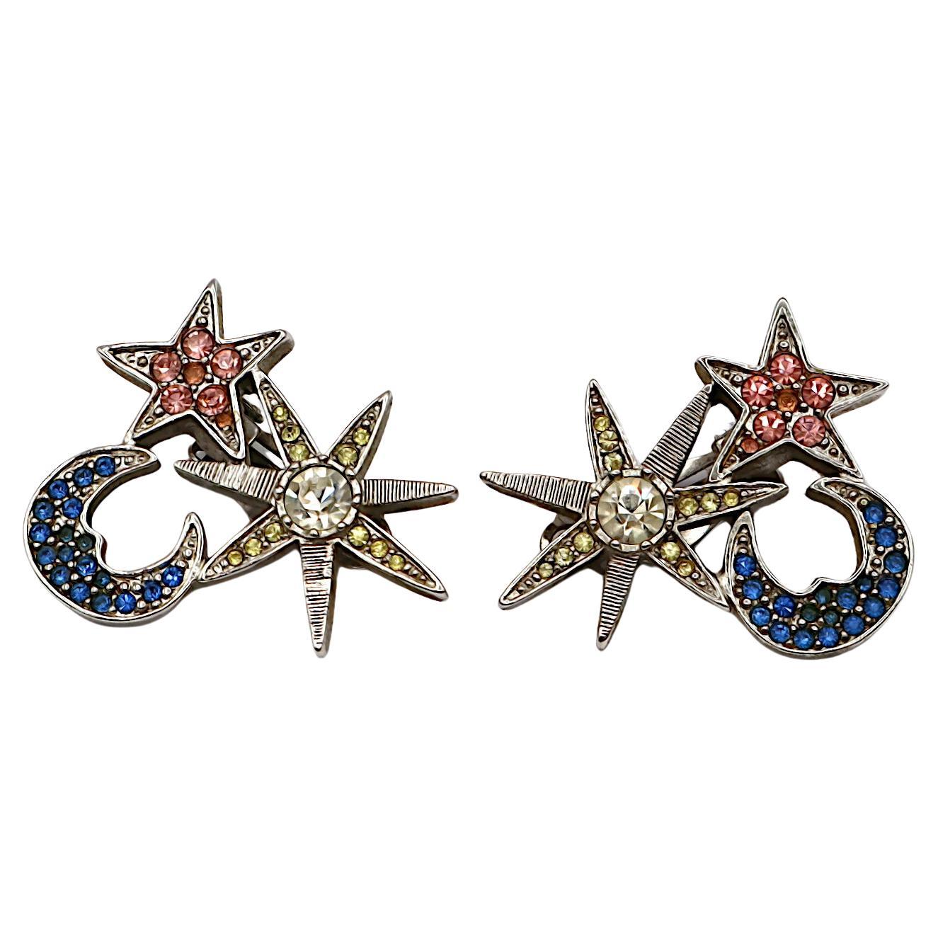 KARL LAGEFERLD Vintage Jewelled Sun, Moon, Star Clip-On Earrings For Sale