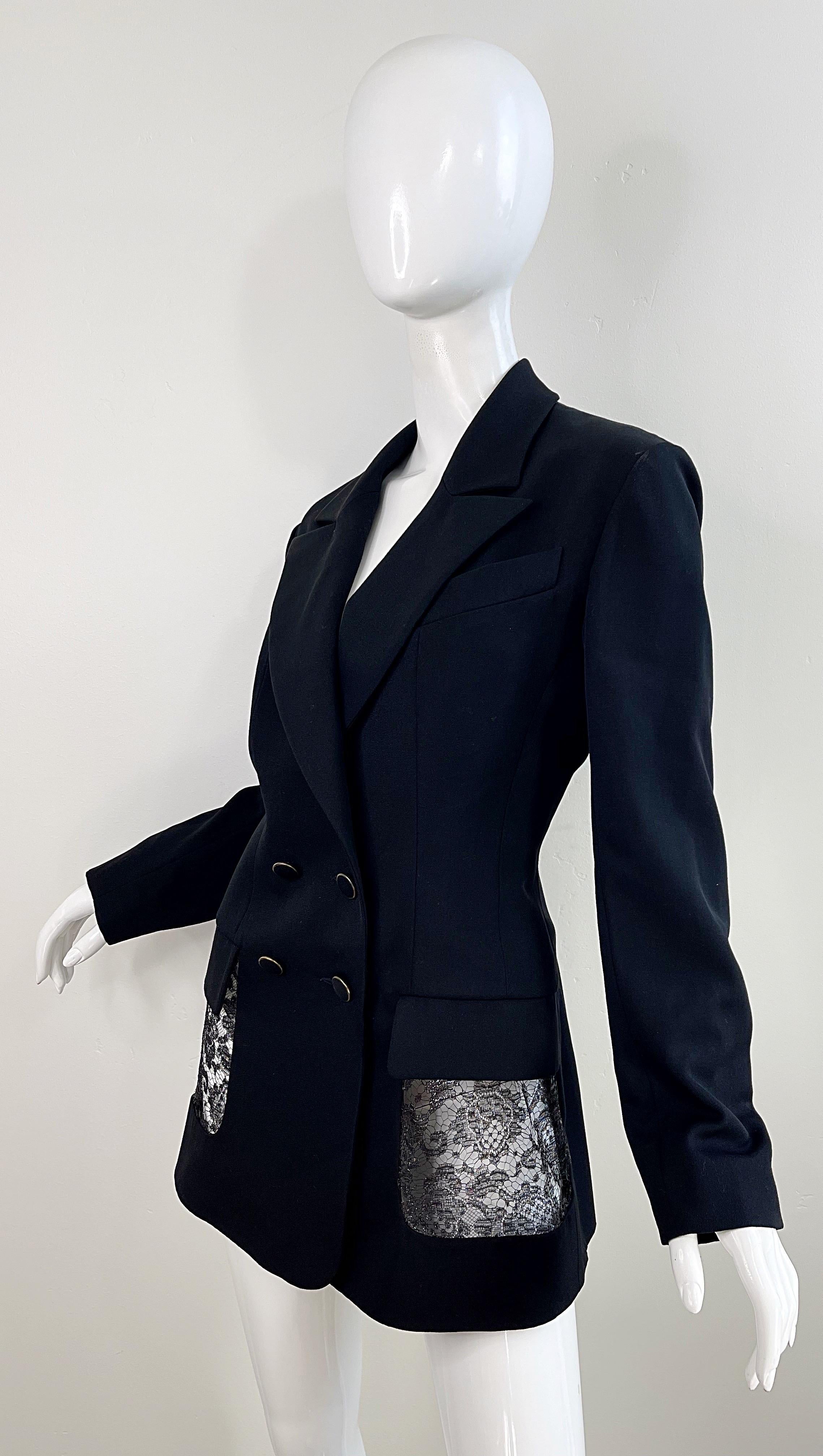 Karl Lagerfeld anni '80 in pizzo nero tagliato taglia 44 / 10 12 Vestito vintage + Giacca in vendita 4