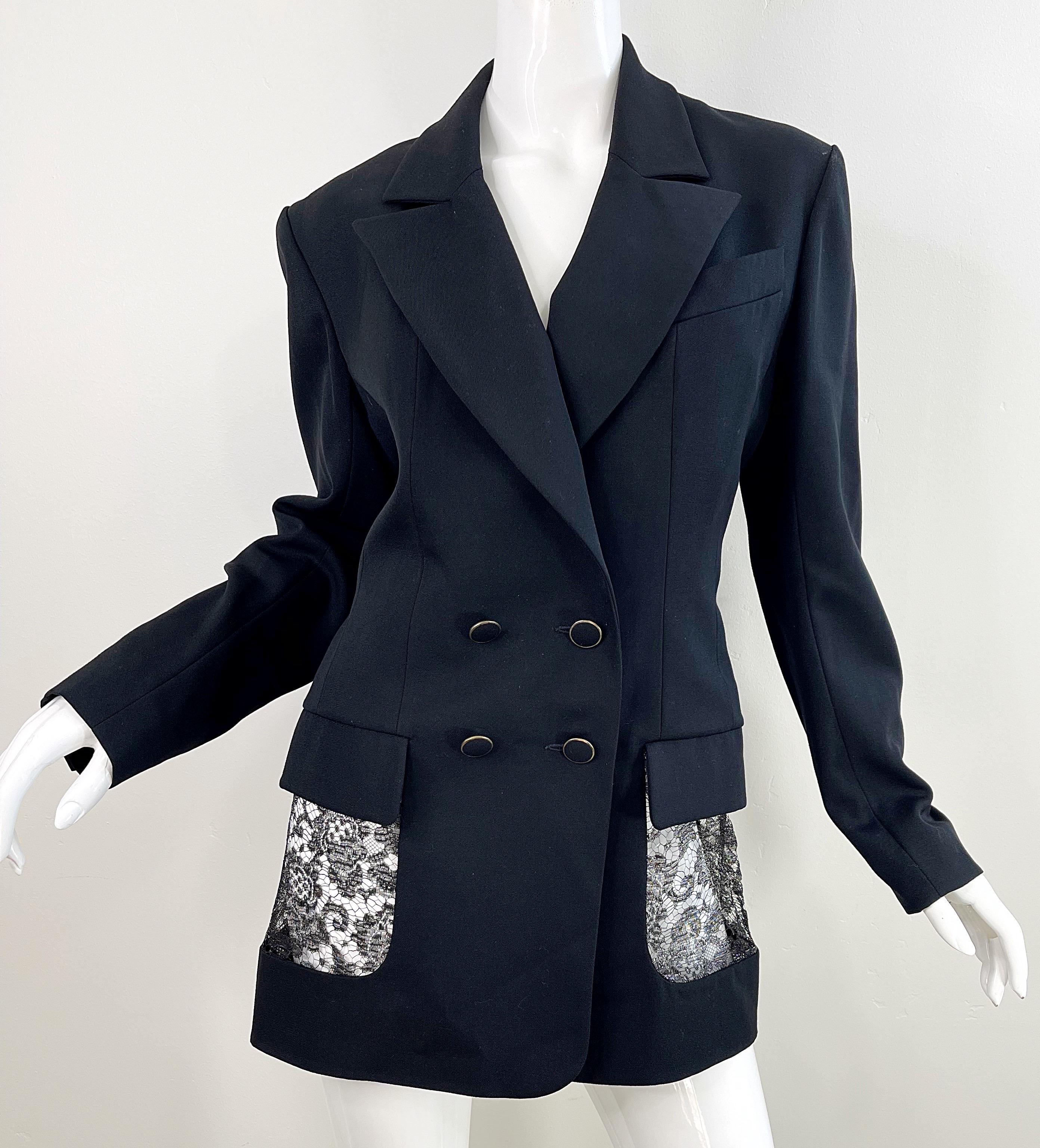 Karl Lagerfeld 1980s Black Lace Cut - Out Size 44 / 10 12 Vintage Dress + Jacket For Sale 11