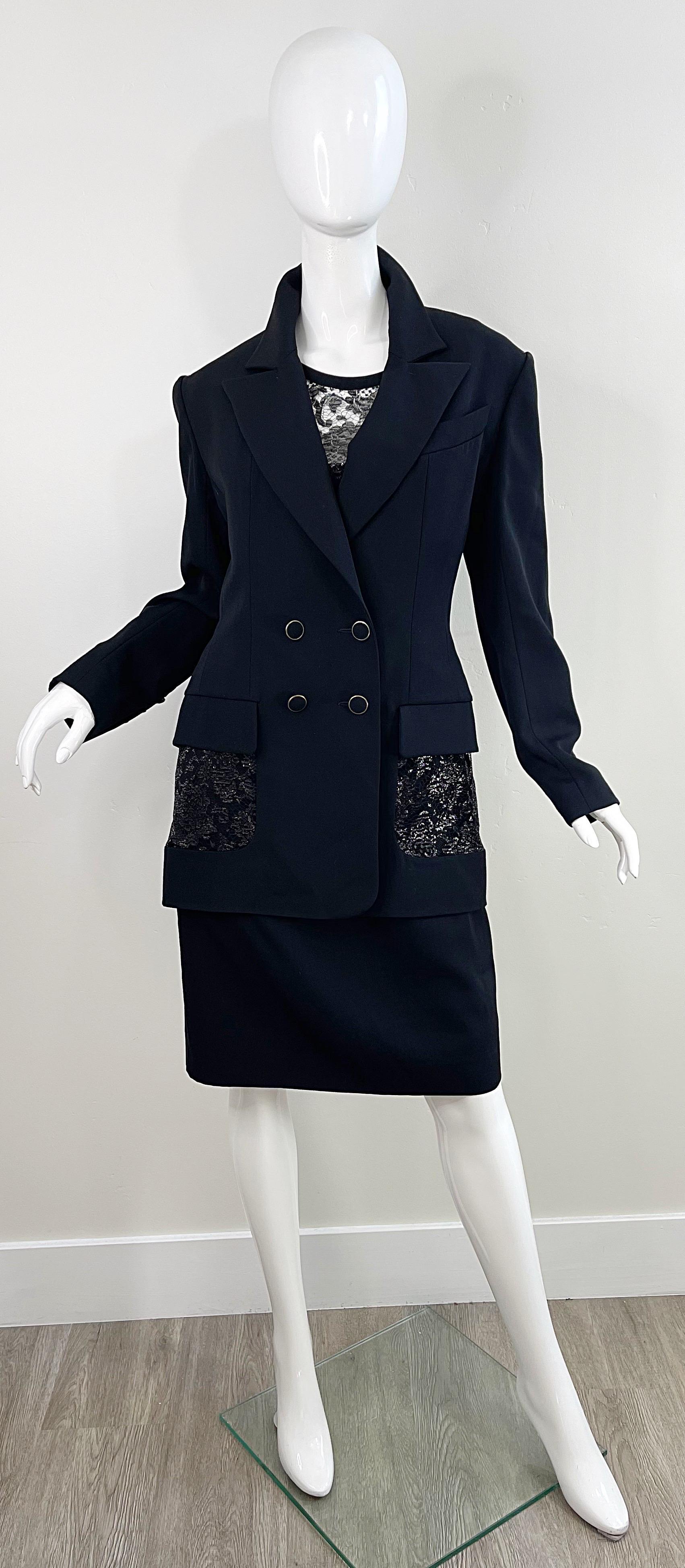 Karl Lagerfeld 1980s Black Lace Cut - Out Size 44 / 10 12 Vintage Dress + Jacket For Sale 4
