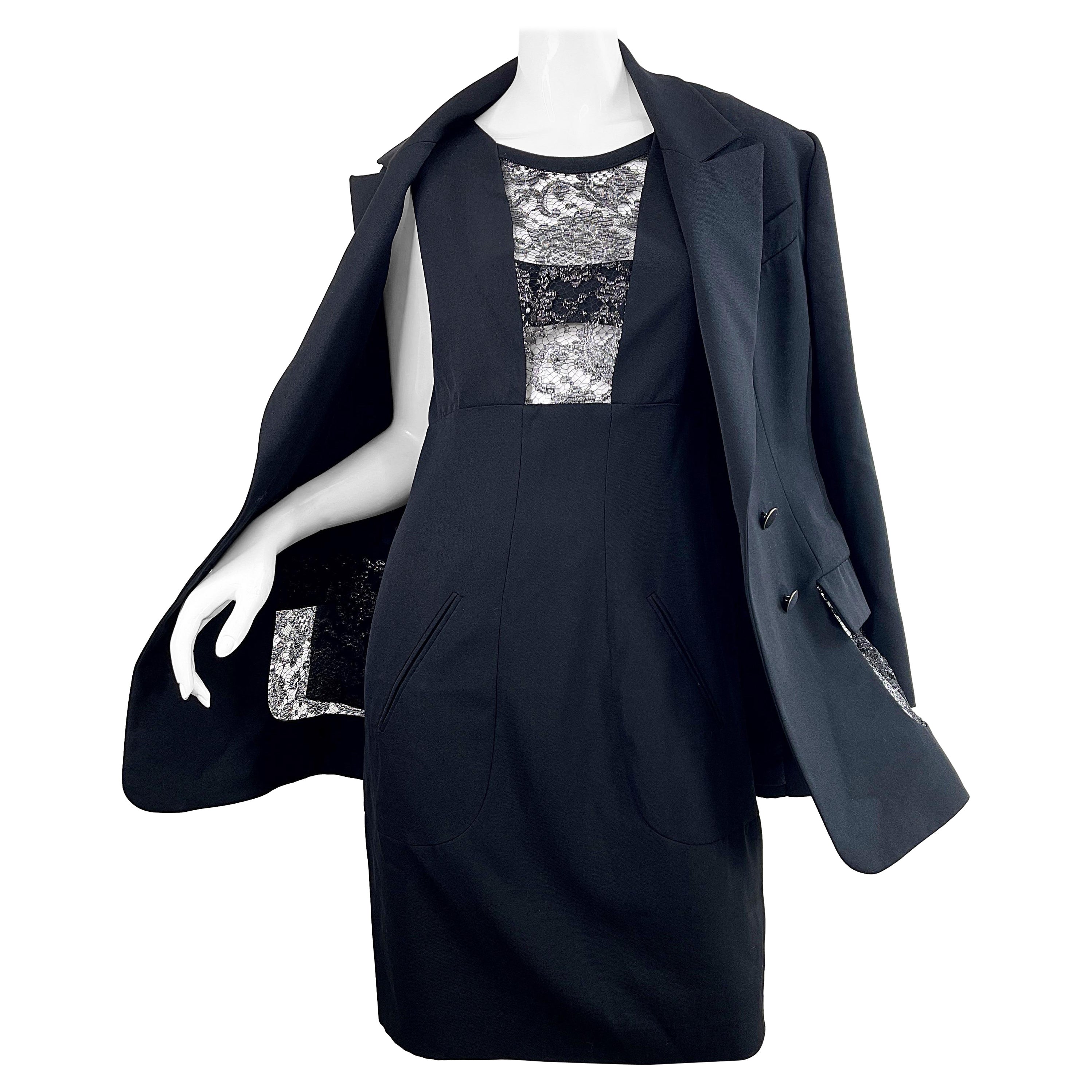 Karl Lagerfeld anni '80 in pizzo nero tagliato taglia 44 / 10 12 Vestito vintage + Giacca in vendita
