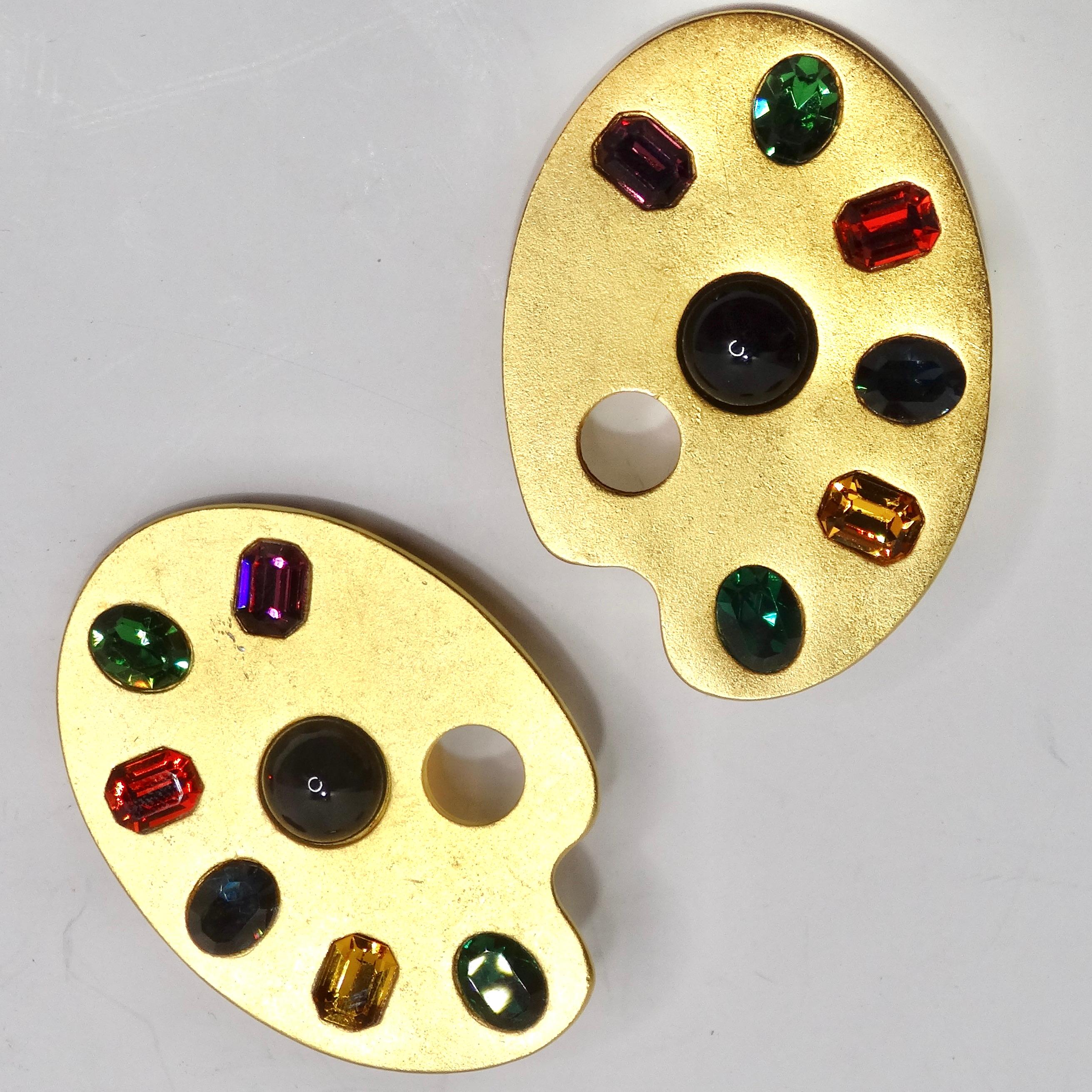 Karl Lagerfeld 1980s Gold Plated Paint Palette Motif Multicolor Gem Earrings In Excellent Condition In Scottsdale, AZ