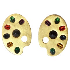 Used Karl Lagerfeld 1980s Gold Plated Paint Palette Motif Multicolor Gem Earrings