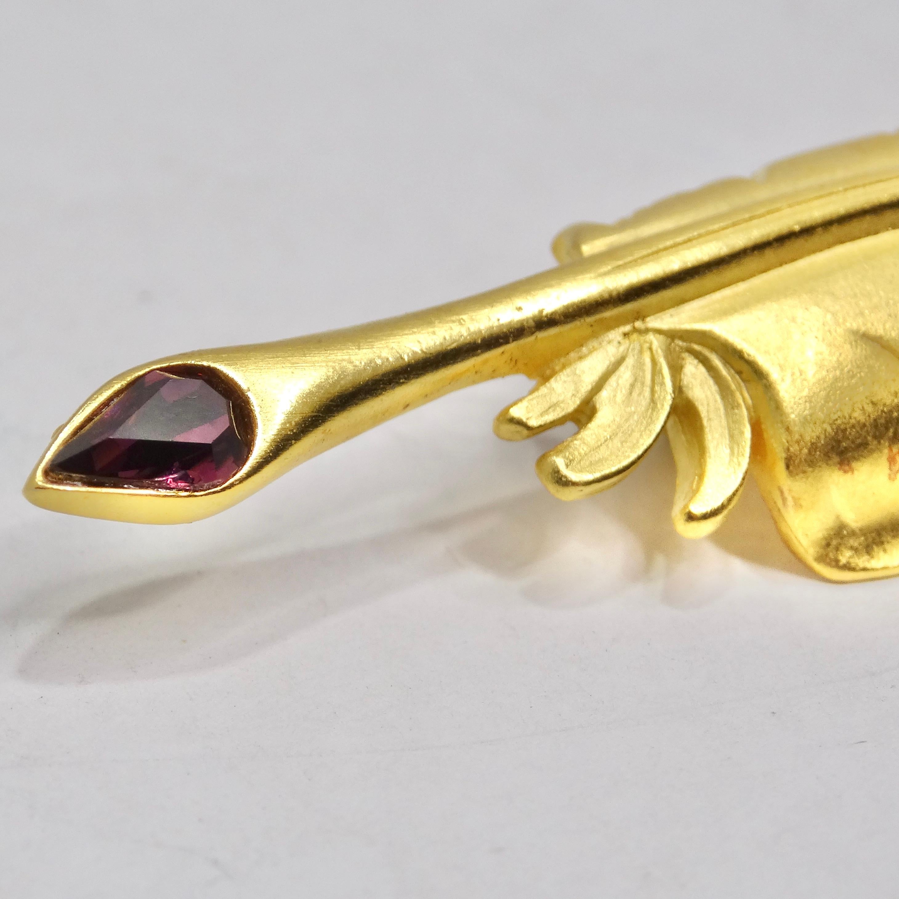 Karl Lagerfeld 1980s Gold Plated Purple Gem Feather Brooch In Excellent Condition For Sale In Scottsdale, AZ
