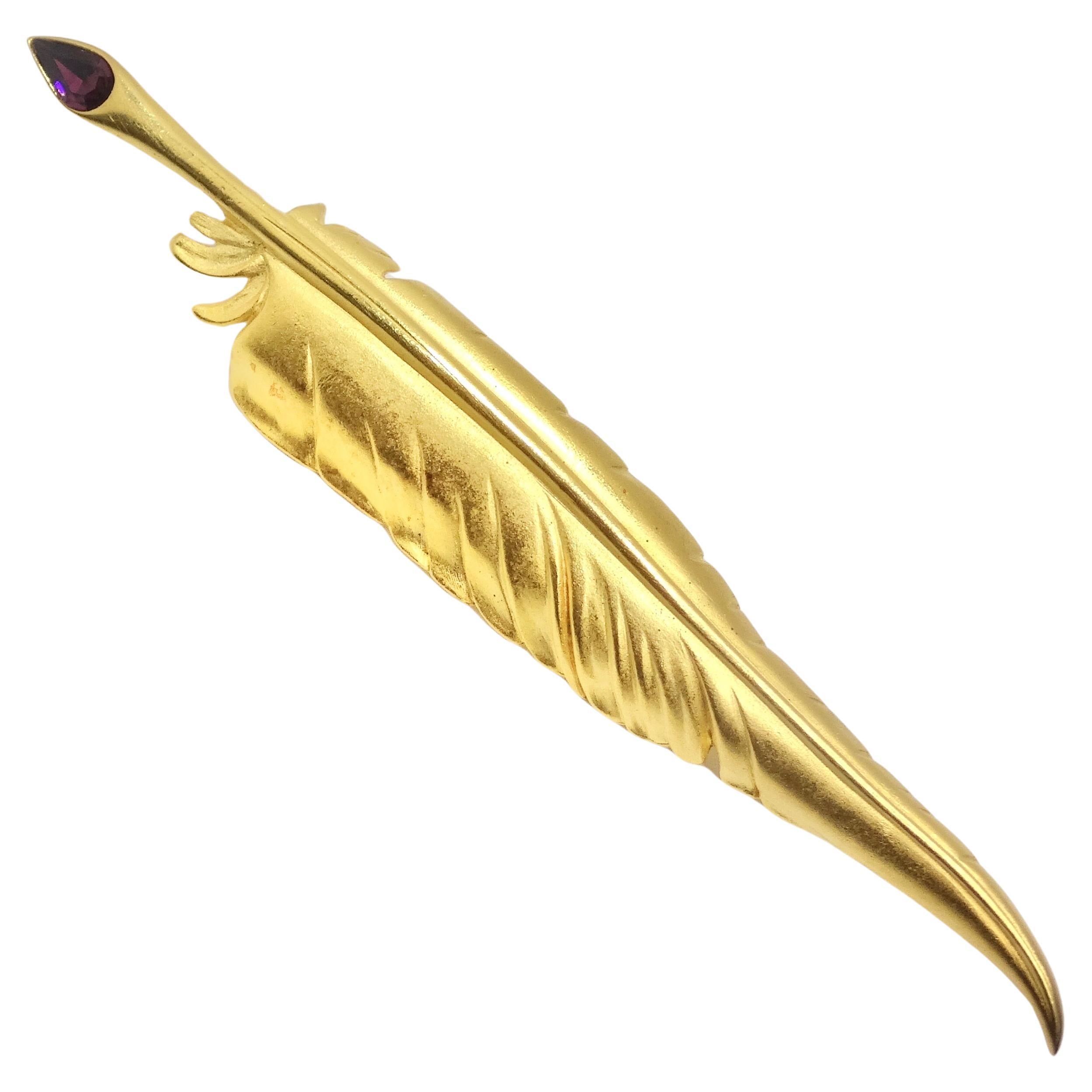 Karl Lagerfeld 1980s Gold Plated Purple Gem Feather Brooch For Sale