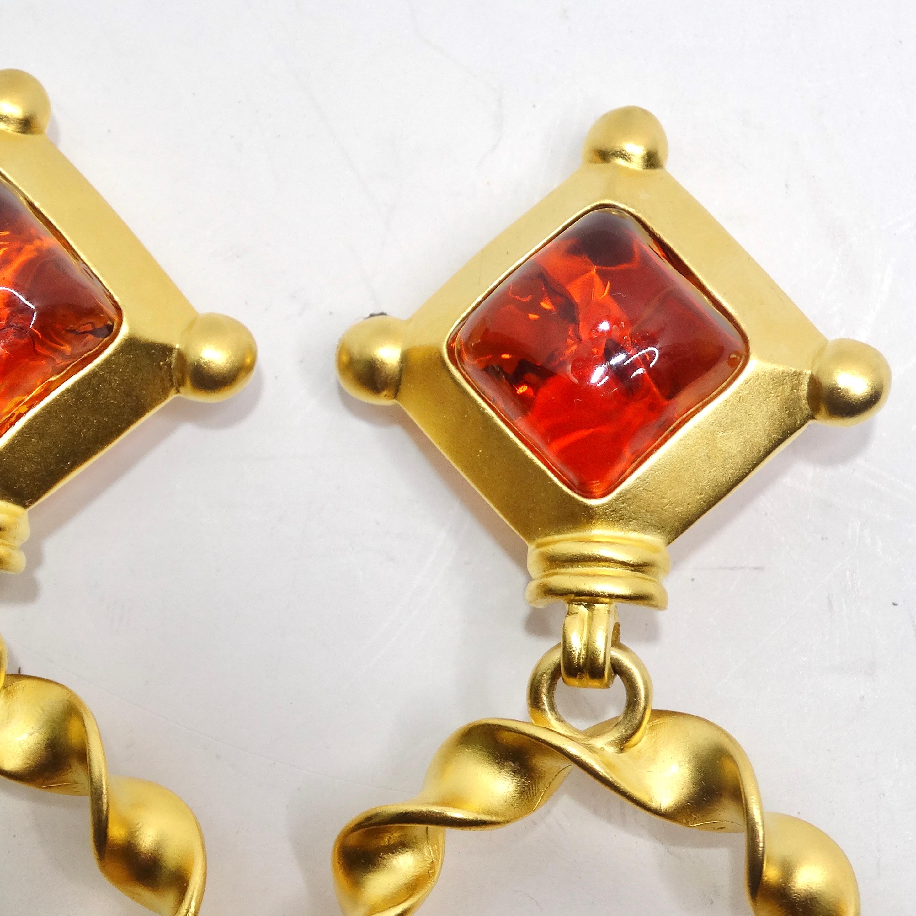 Karl Lagerfeld 1980s Gold Plated Red Stone Dangle Earrings In Excellent Condition For Sale In Scottsdale, AZ