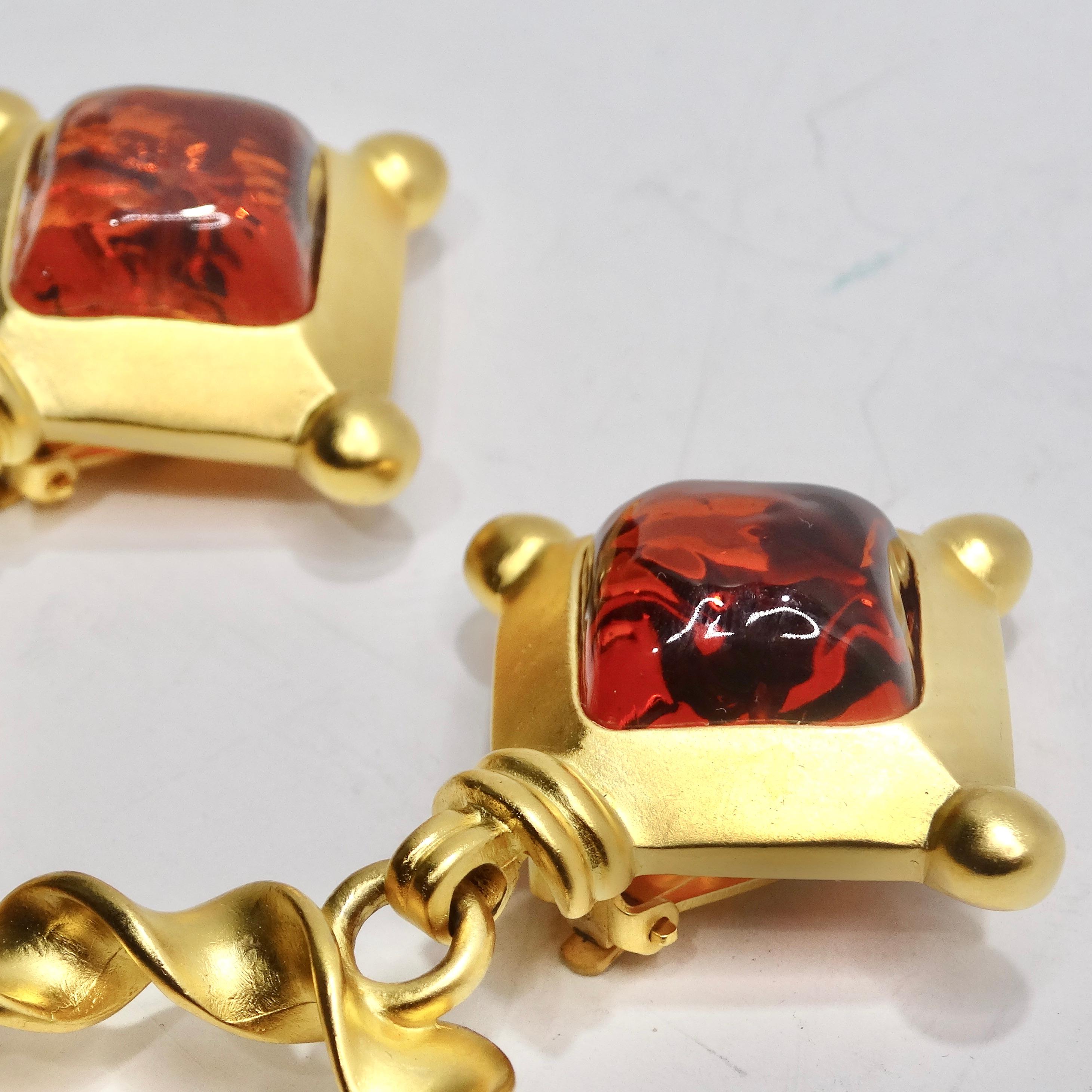 Women's or Men's Karl Lagerfeld 1980s Gold Plated Red Stone Dangle Earrings For Sale