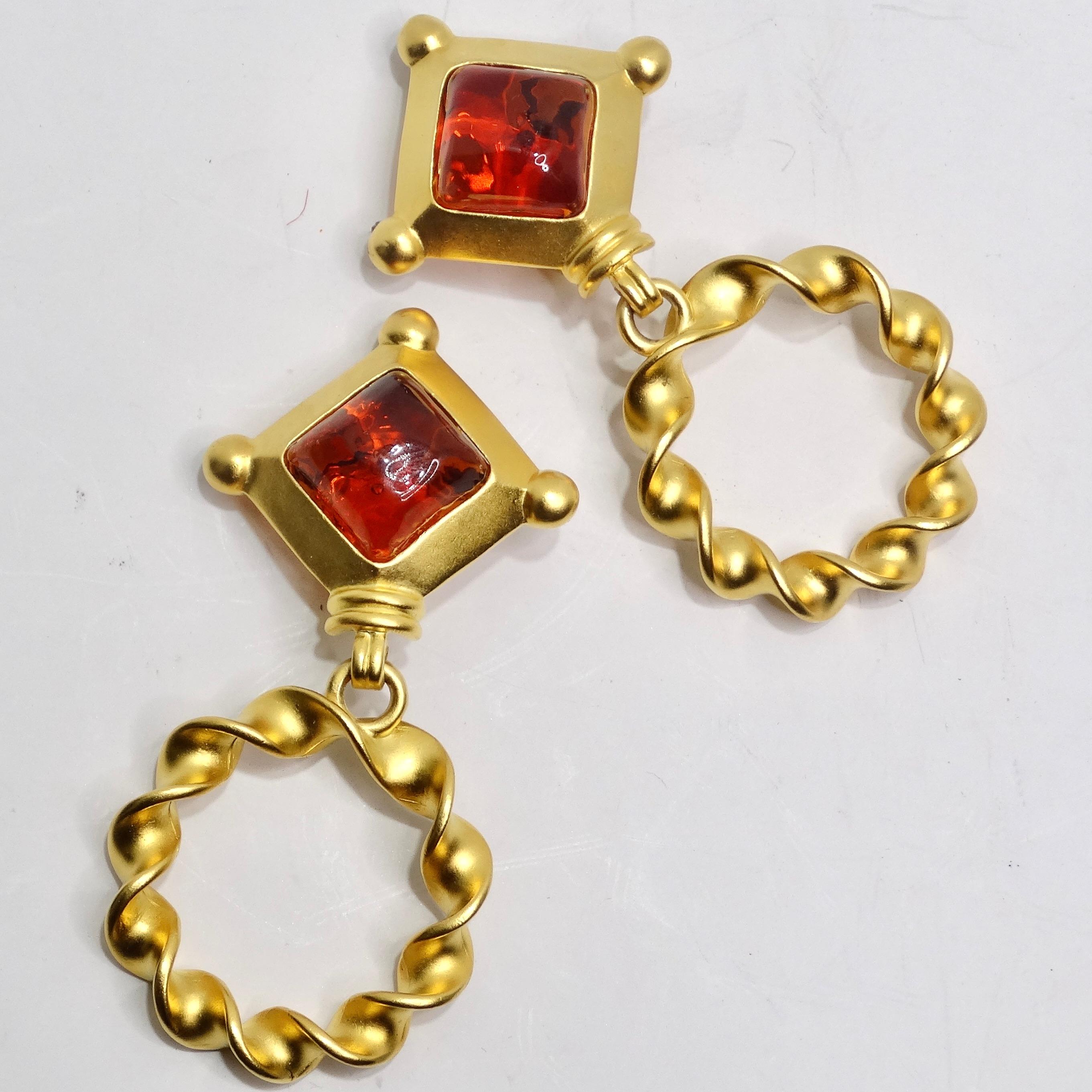 Karl Lagerfeld 1980s Gold Plated Red Stone Dangle Earrings For Sale 2