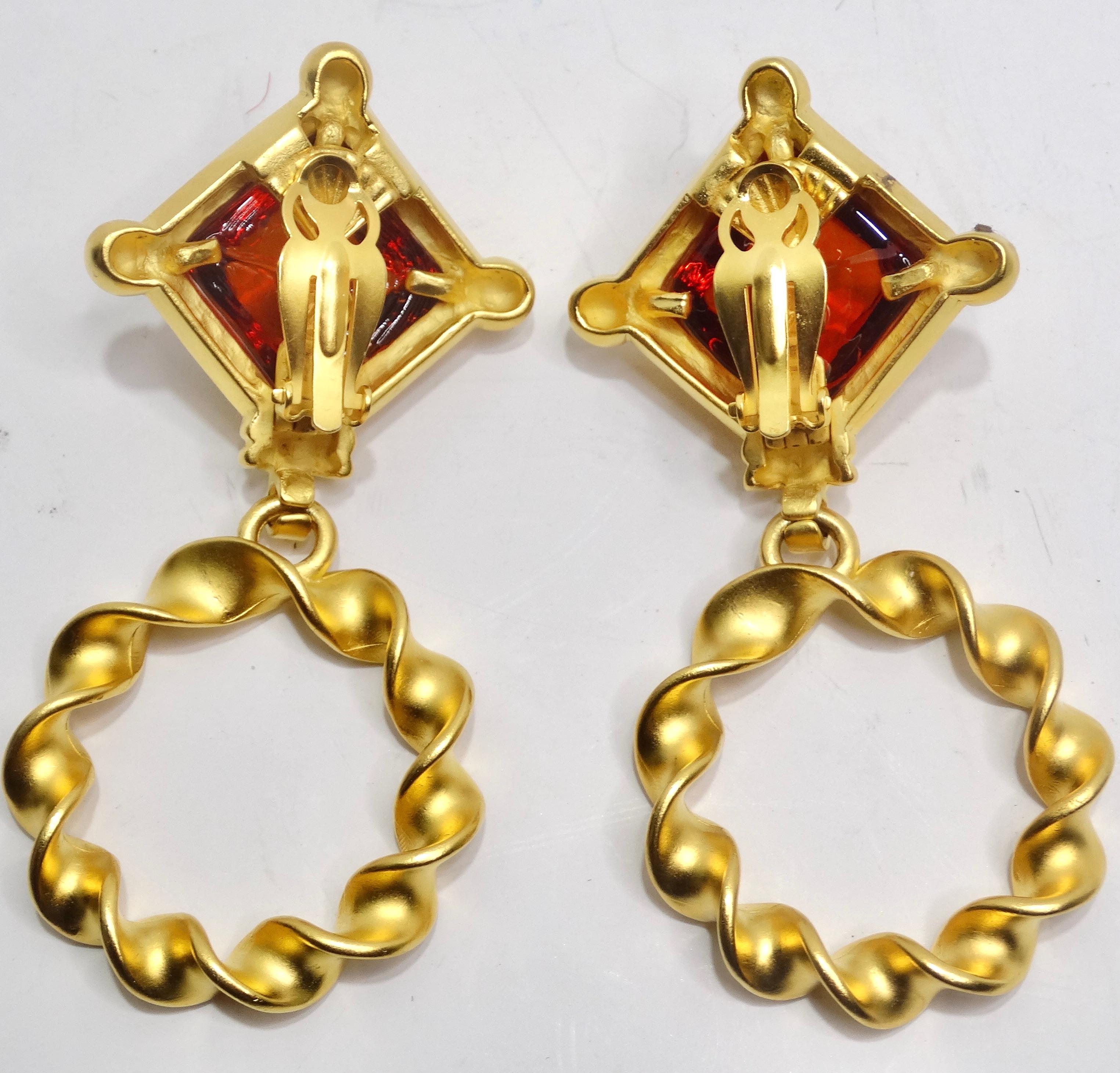 Karl Lagerfeld 1980s Gold Plated Red Stone Dangle Earrings For Sale 3
