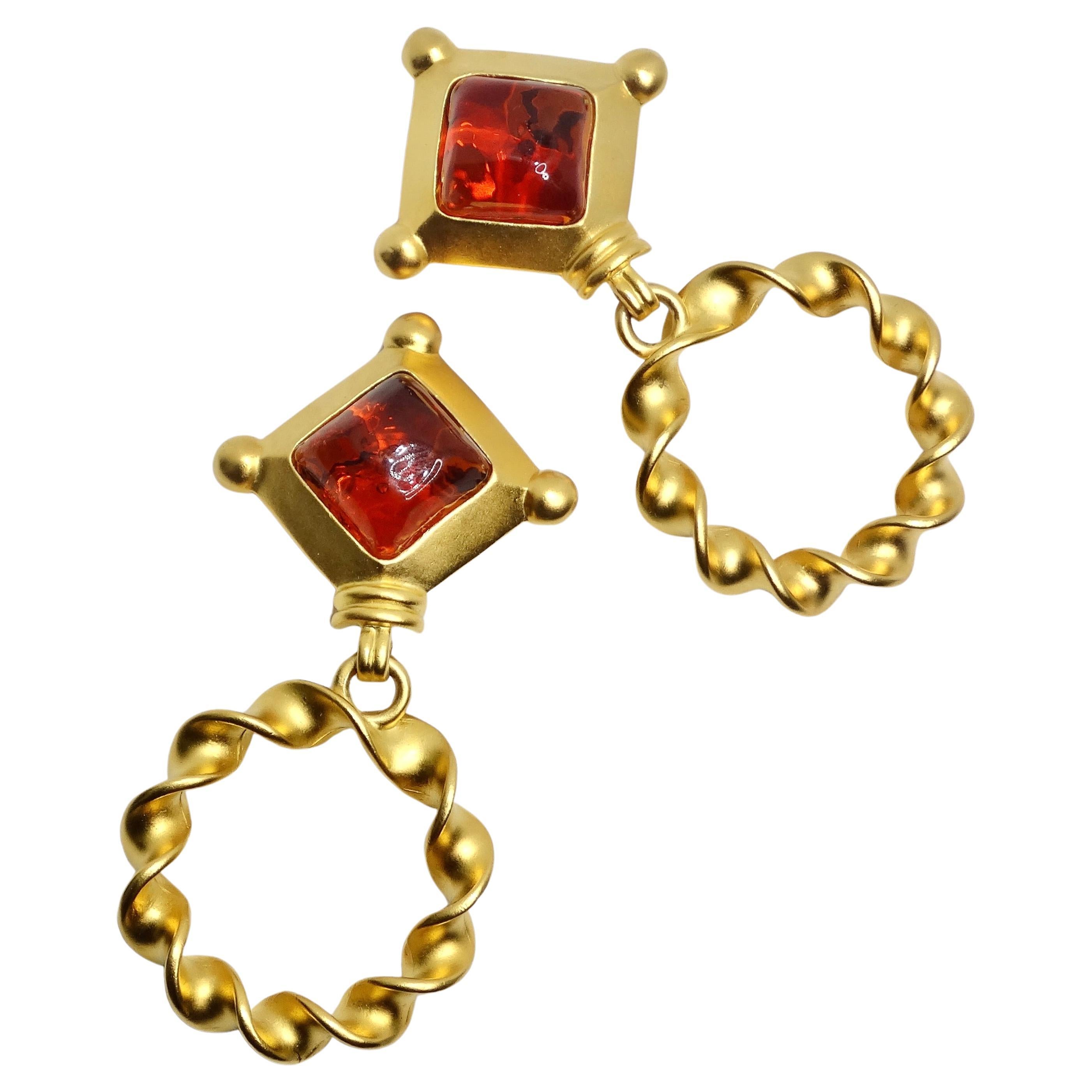 Karl Lagerfeld 1980s Gold Plated Red Stone Dangle Earrings For Sale