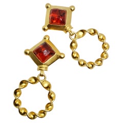 Vintage Karl Lagerfeld 1980s Gold Plated Red Stone Dangle Earrings