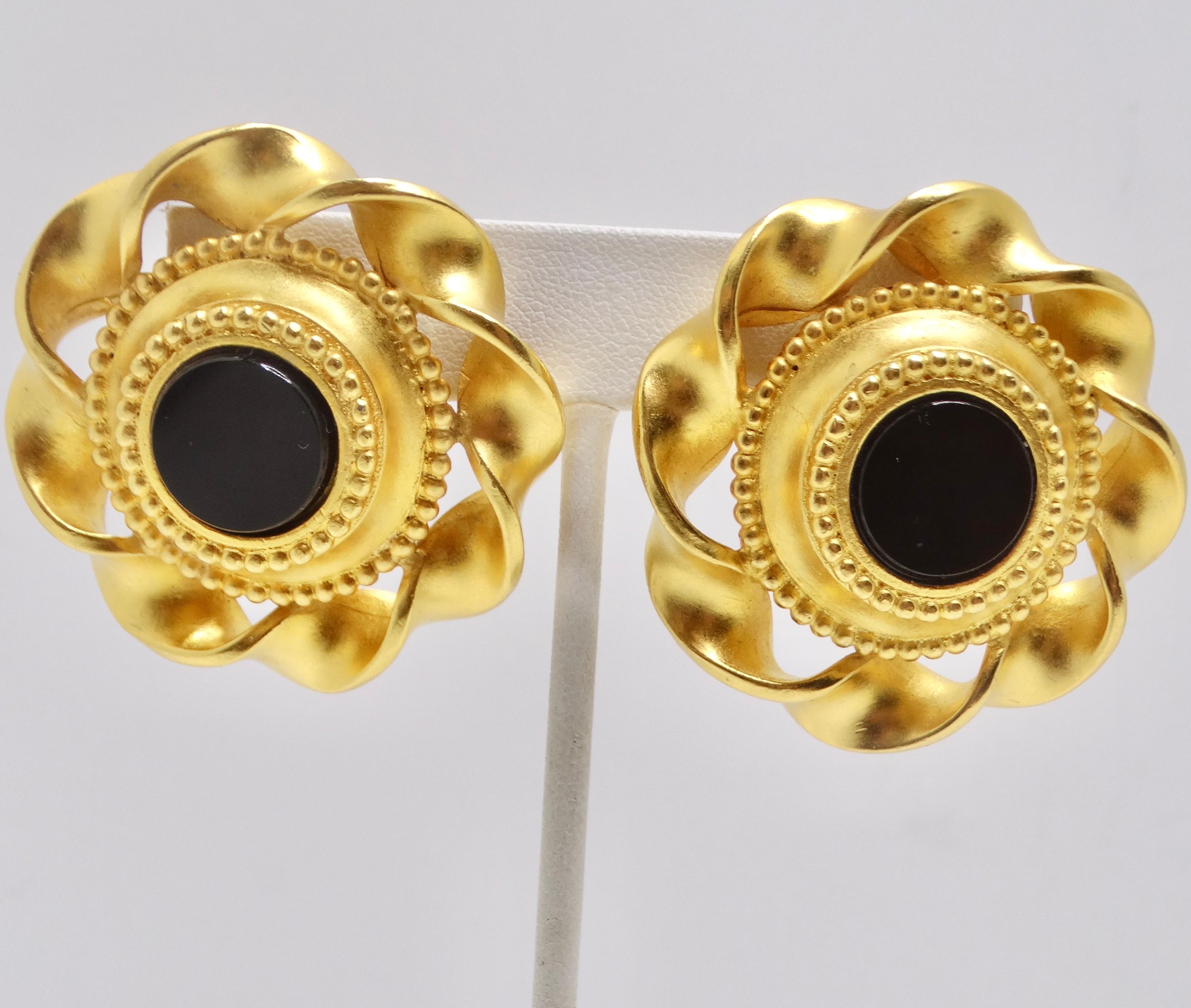 Karl Lagerfeld 1980s Gold Tone Black Stone Clip On Earrings For Sale 1