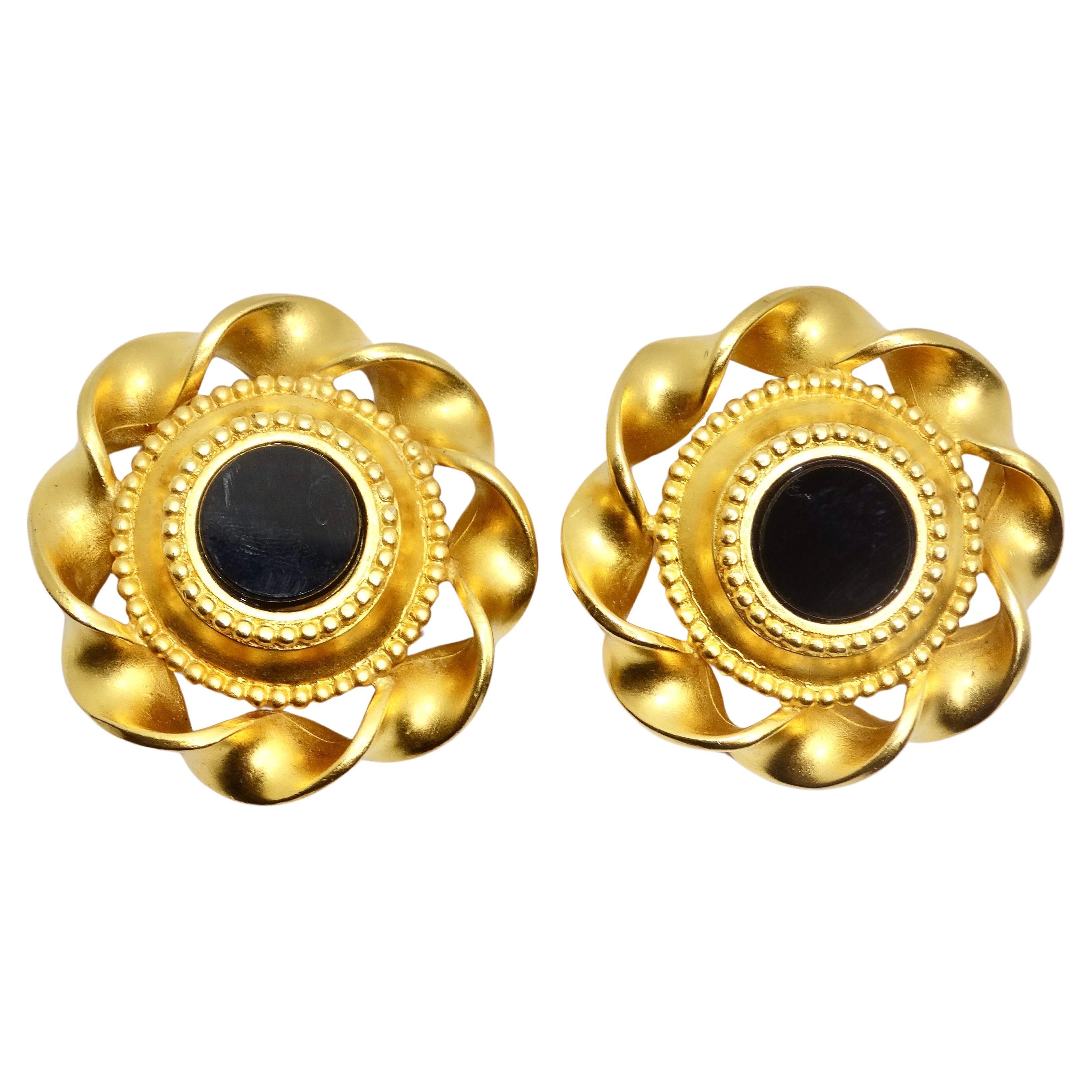Karl Lagerfeld 1980s Gold Tone Black Stone Clip On Earrings For Sale