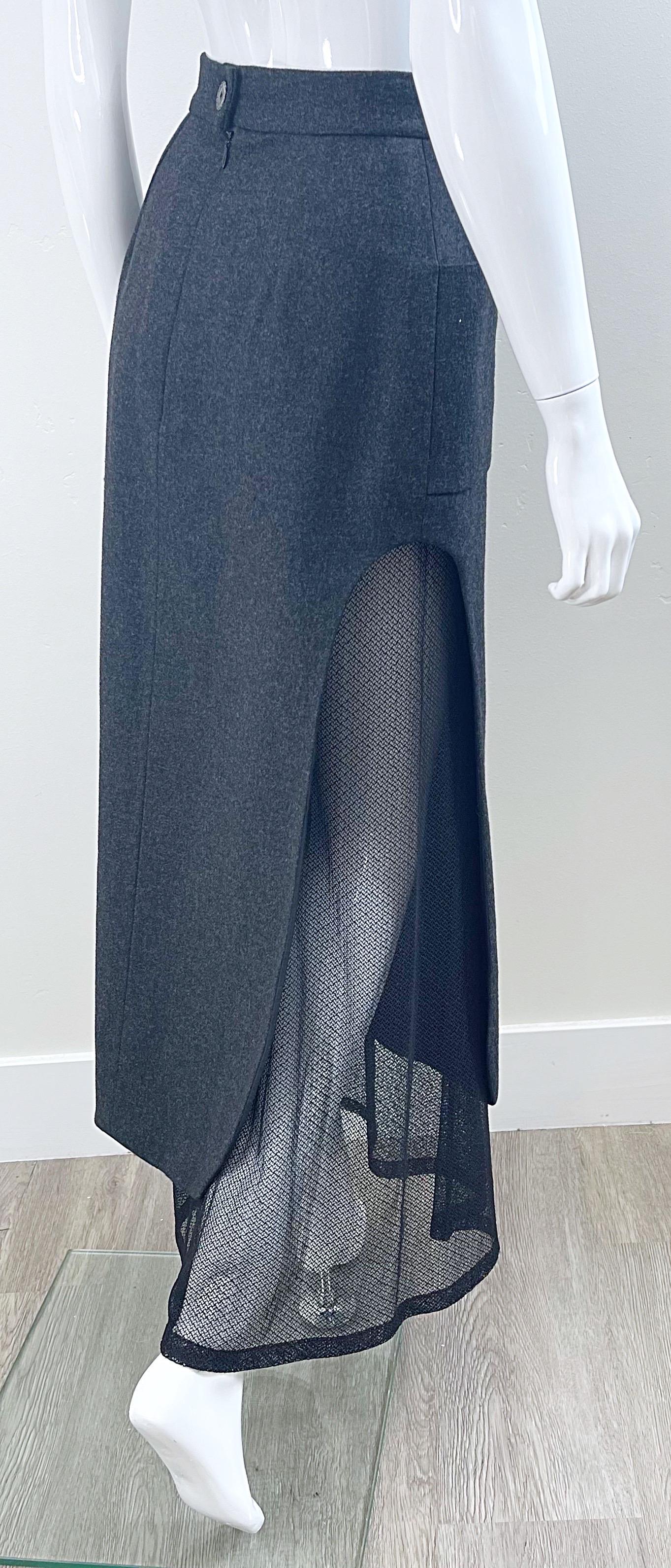 Karl Lagerfeld 1980s Grey Wool + Black Lace Vintage 80s Mini Maxi Skirt For Sale 7