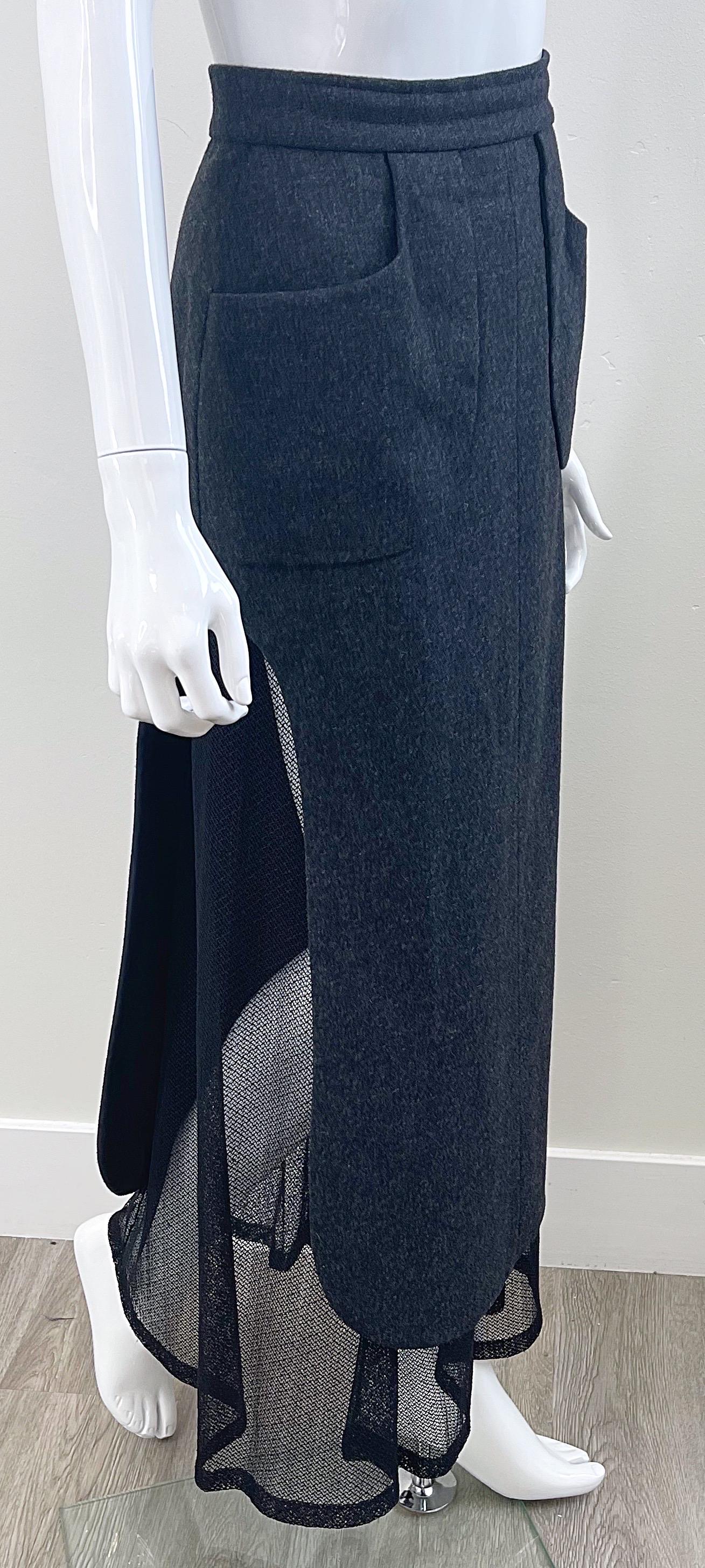 Karl Lagerfeld 1980s Grey Wool + Black Lace Vintage 80s Mini Maxi Skirt For Sale 9