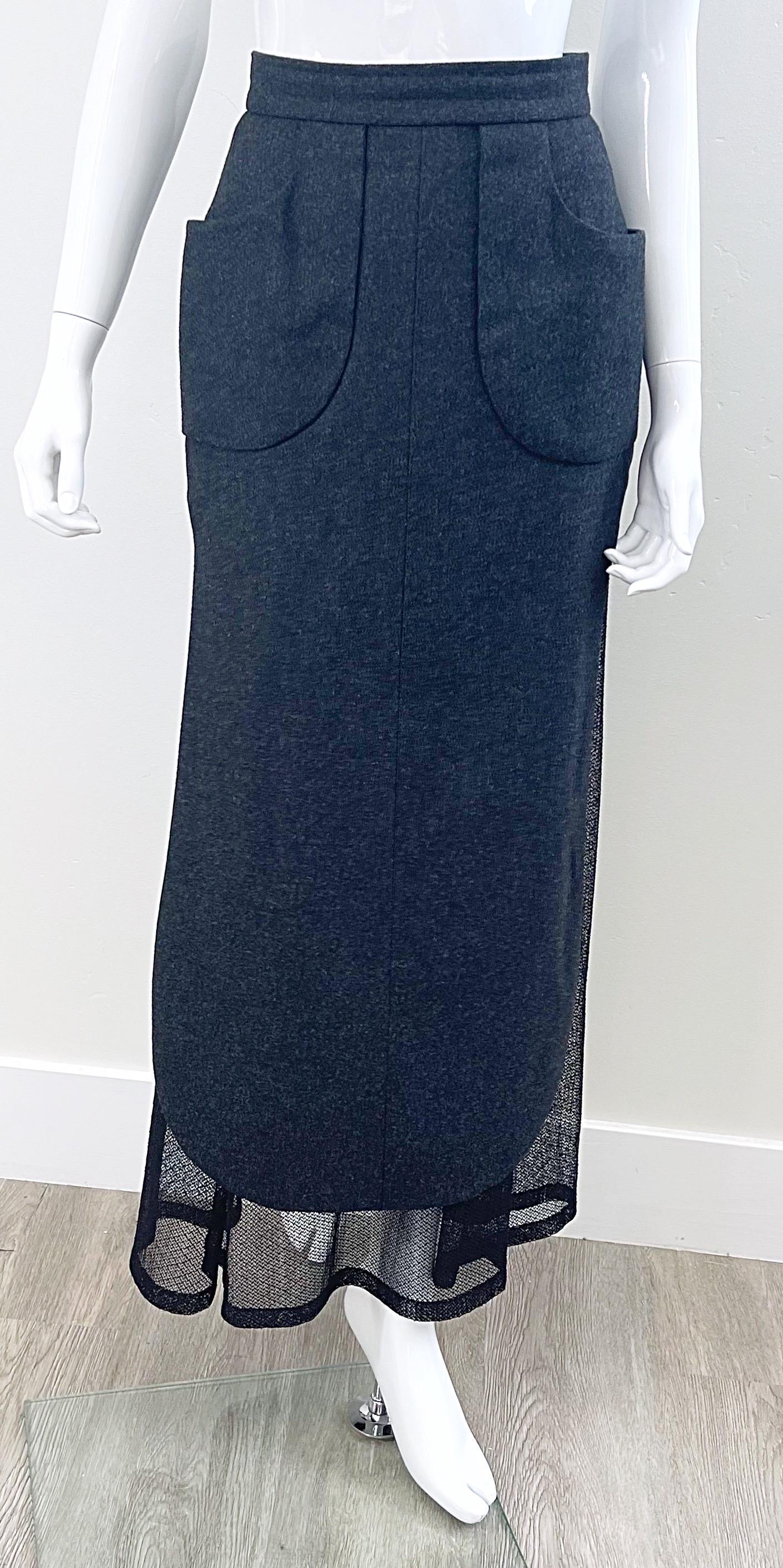 Karl Lagerfeld 1980s Grey Wool + Black Lace Vintage 80s Mini Maxi Skirt For Sale 10