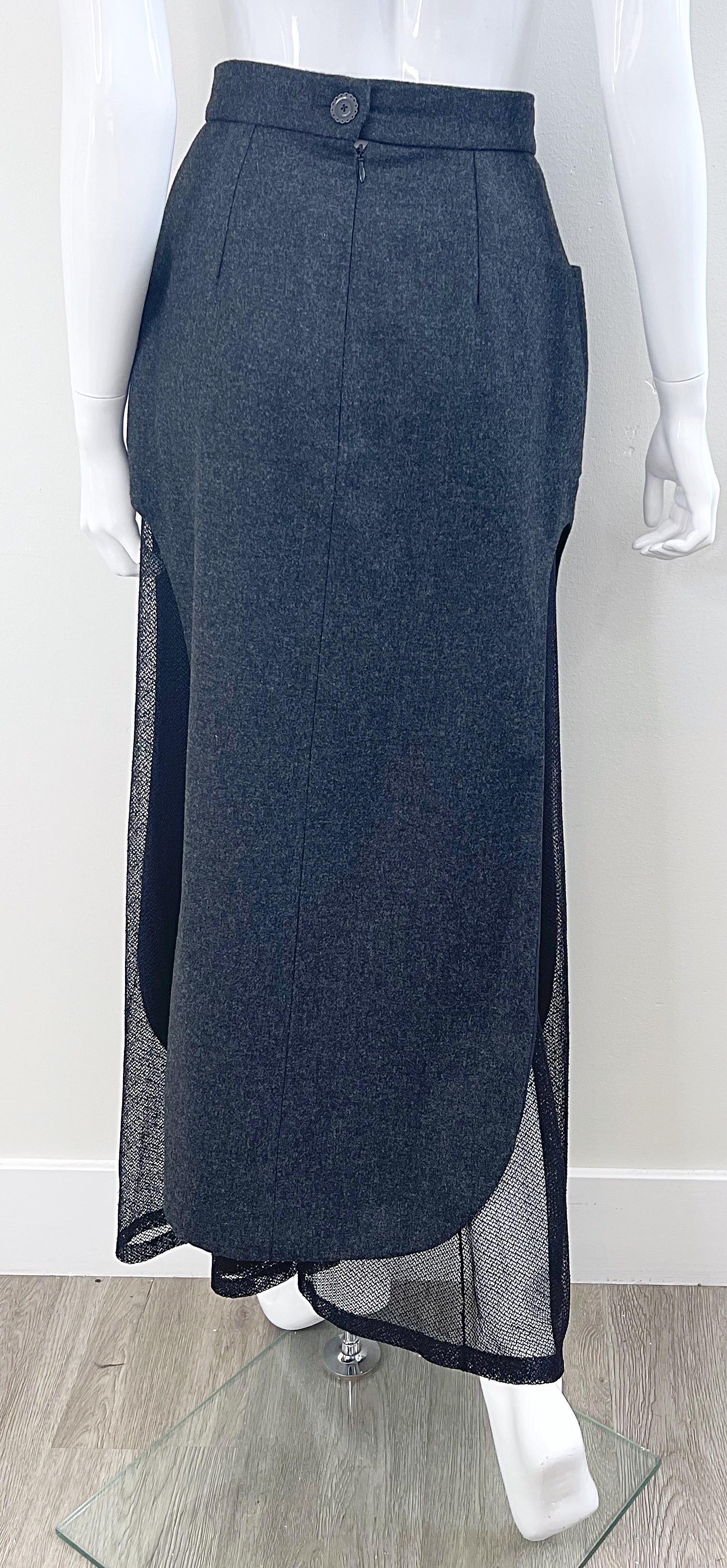Karl Lagerfeld 1980s Grey Wool + Black Lace Vintage 80s Mini Maxi Skirt For Sale 11