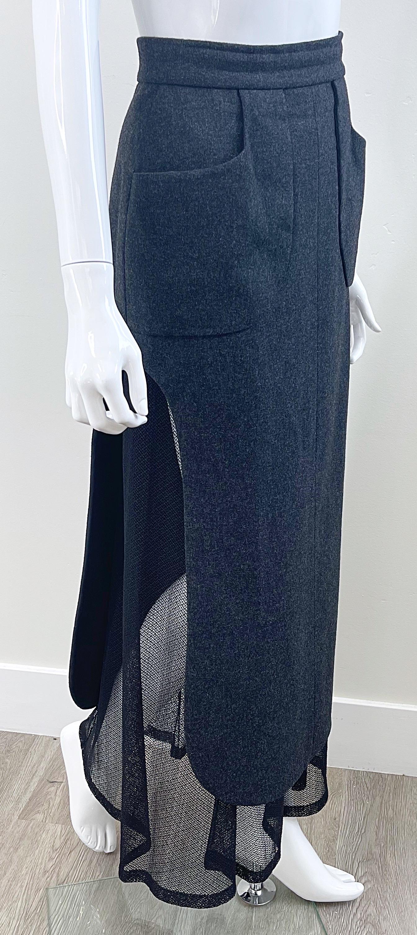 Karl Lagerfeld 1980s Grey Wool + Black Lace Vintage 80s Mini Maxi Skirt For Sale 12