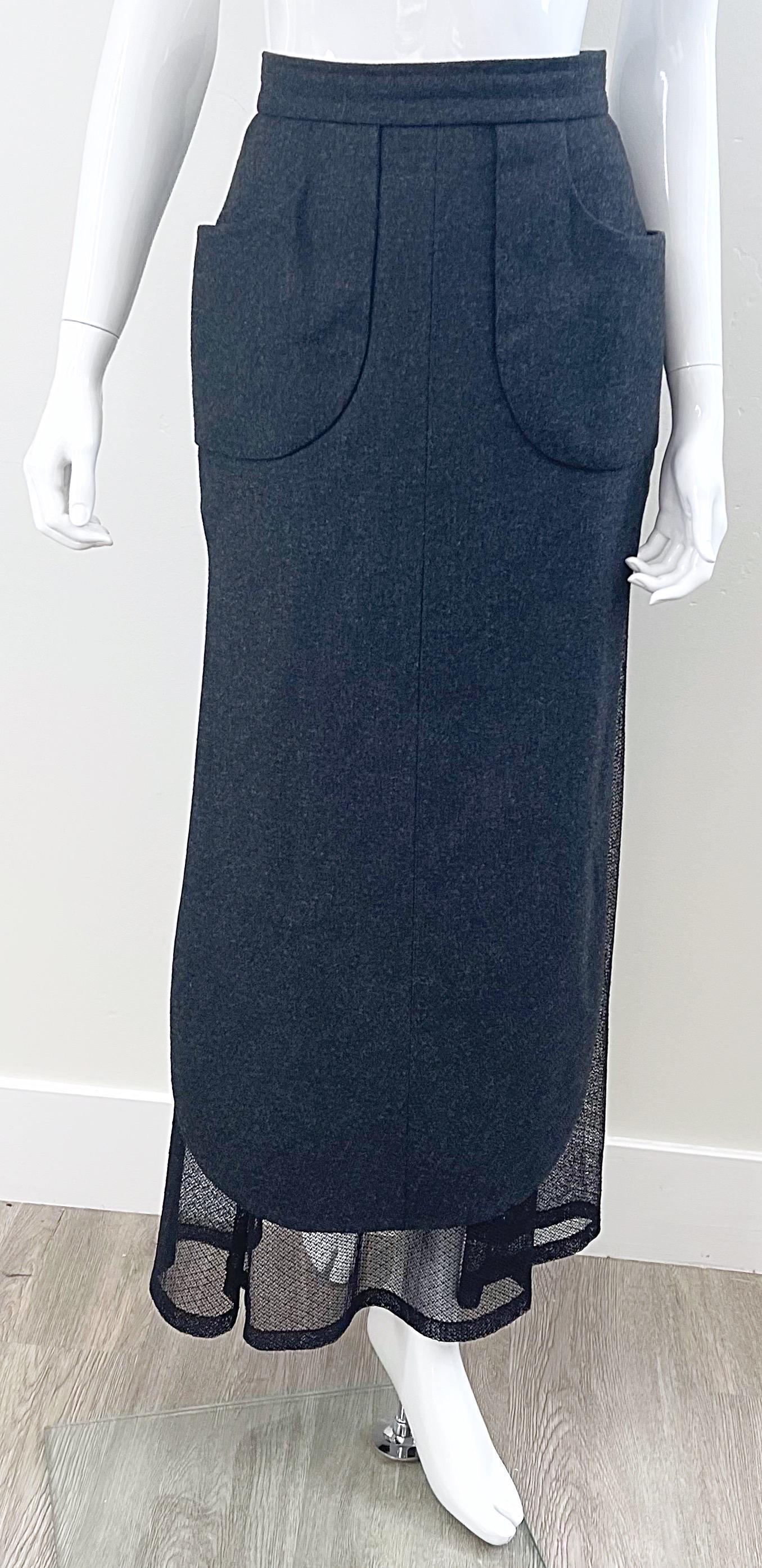 Karl Lagerfeld 1980s Grey Wool + Black Lace Vintage 80s Mini Maxi Skirt For Sale 13