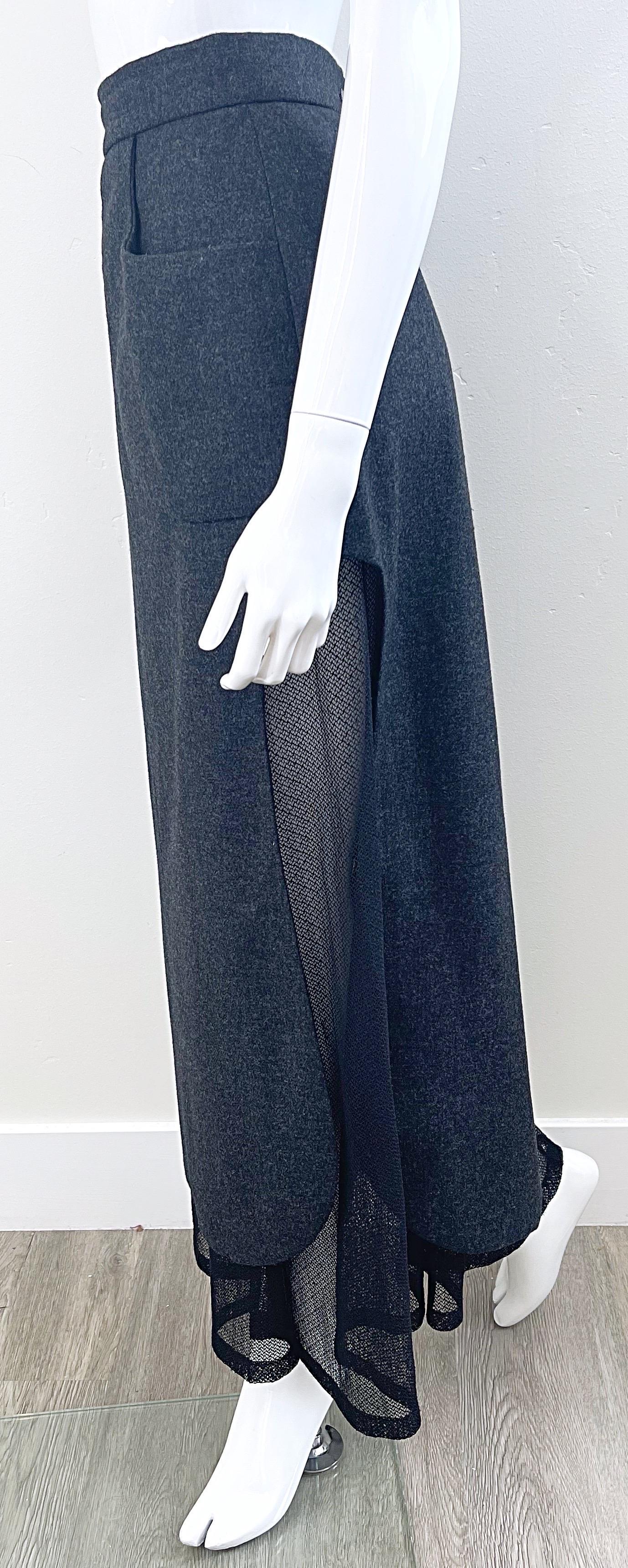 Karl Lagerfeld 1980s Grey Wool + Black Lace Vintage 80s Mini Maxi Skirt For Sale 1