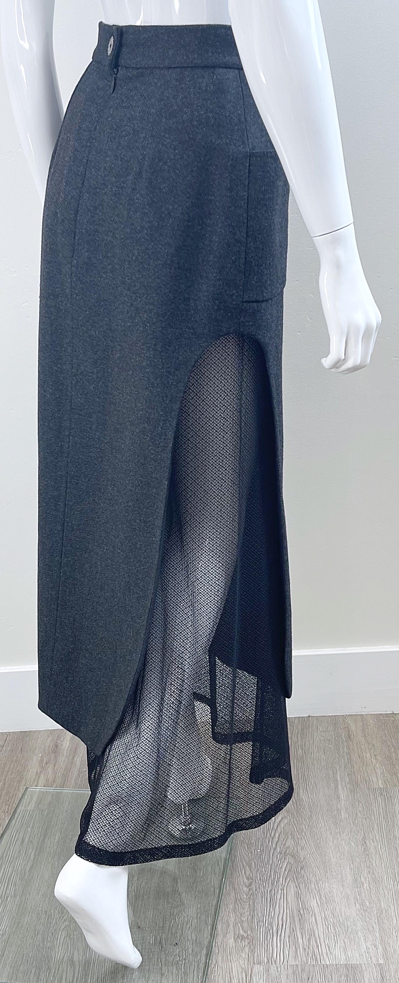 Karl Lagerfeld 1980s Grey Wool + Black Lace Vintage 80s Mini Maxi Skirt For Sale 2
