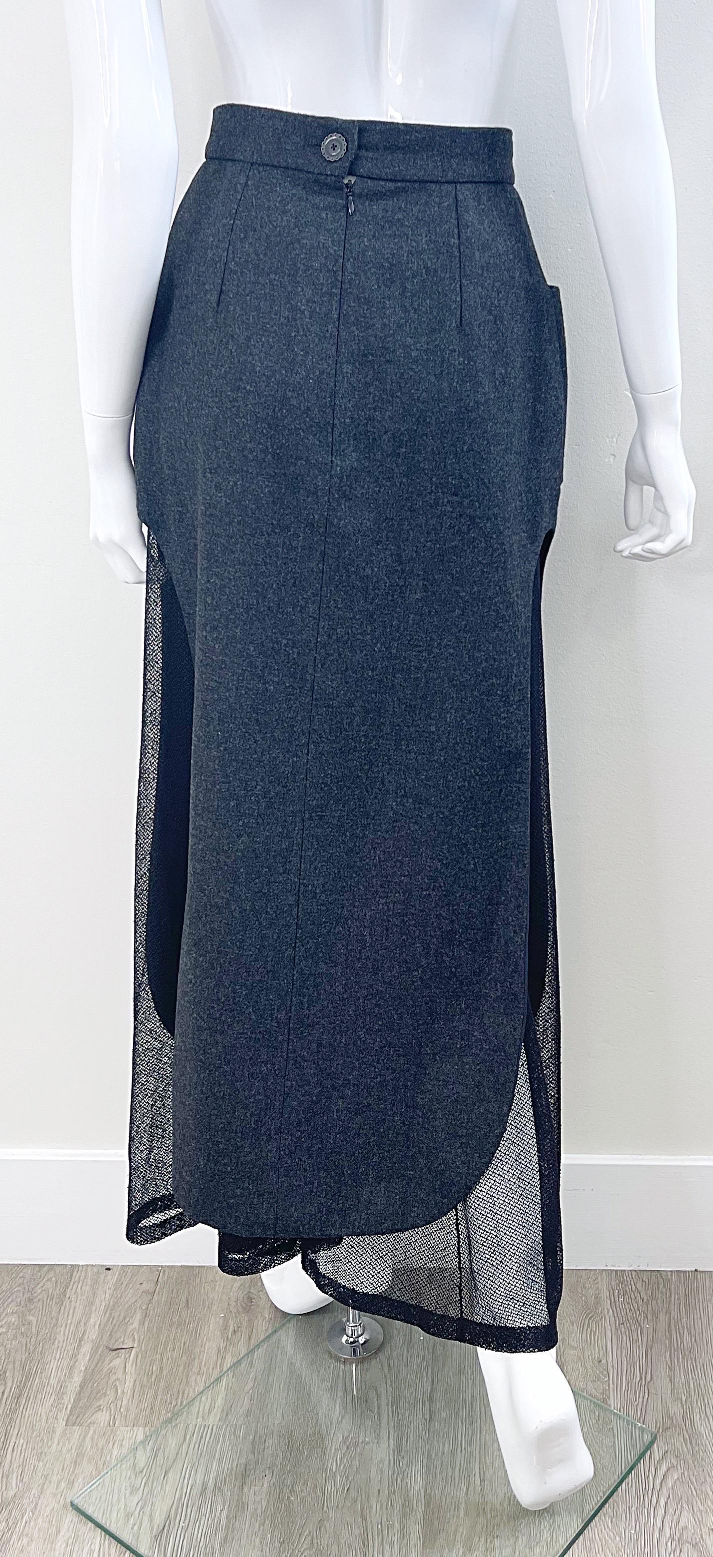 Karl Lagerfeld 1980s Grey Wool + Black Lace Vintage 80s Mini Maxi Skirt For Sale 3