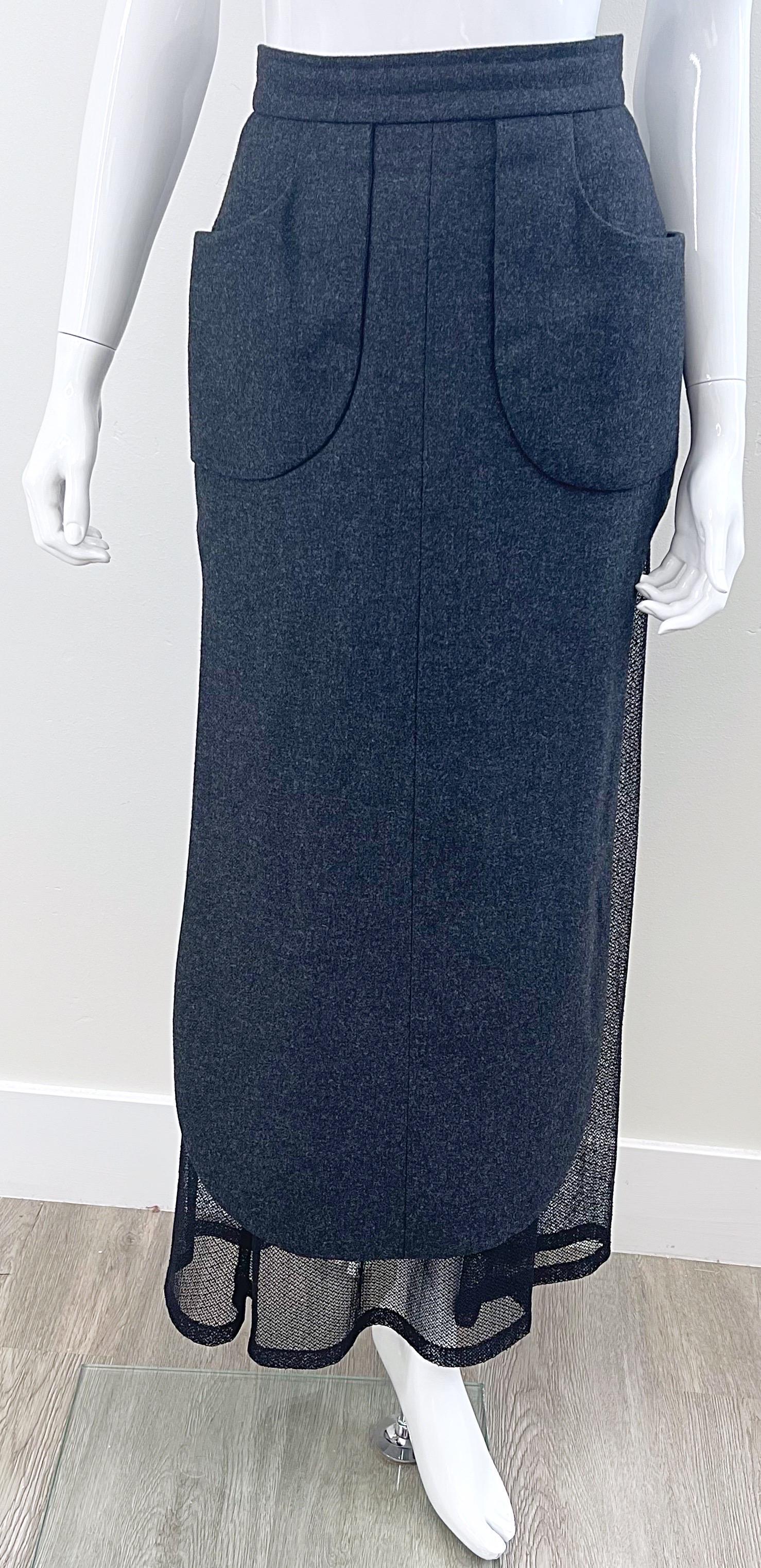 Karl Lagerfeld 1980s Grey Wool + Black Lace Vintage 80s Mini Maxi Skirt For Sale 4