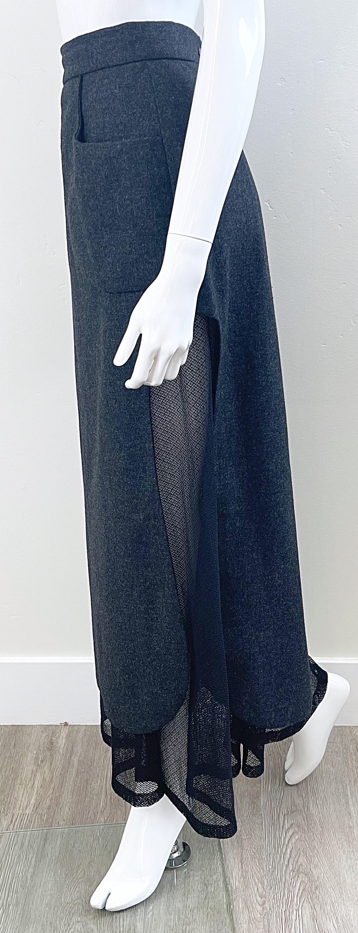 Karl Lagerfeld 1980s Grey Wool + Black Lace Vintage 80s Mini Maxi Skirt For Sale 5