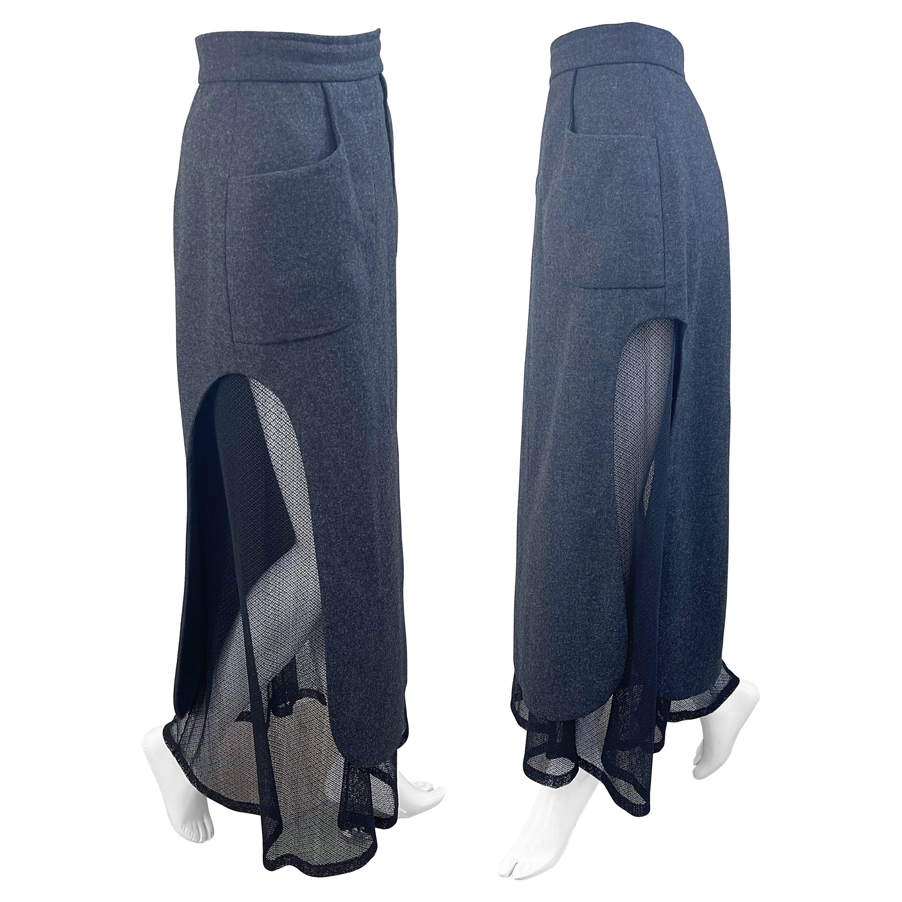 Karl Lagerfeld 1980s Grigio Lana + Pizzo Nero Vintage 80s Mini Maxi Gonna in vendita