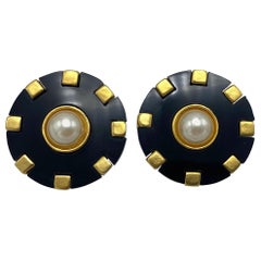 Karl Lagerfeld 1980s Pearl, Black & Gold Button Earrings