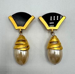 Karl Lagerfeld 1980s Satin Gold, Black Resin and Pearl Pendant Earrings