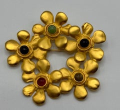 Karl Lagerfeld 1980s Satin Gold with Blue, Black & Green Cabochon Floral Brooch