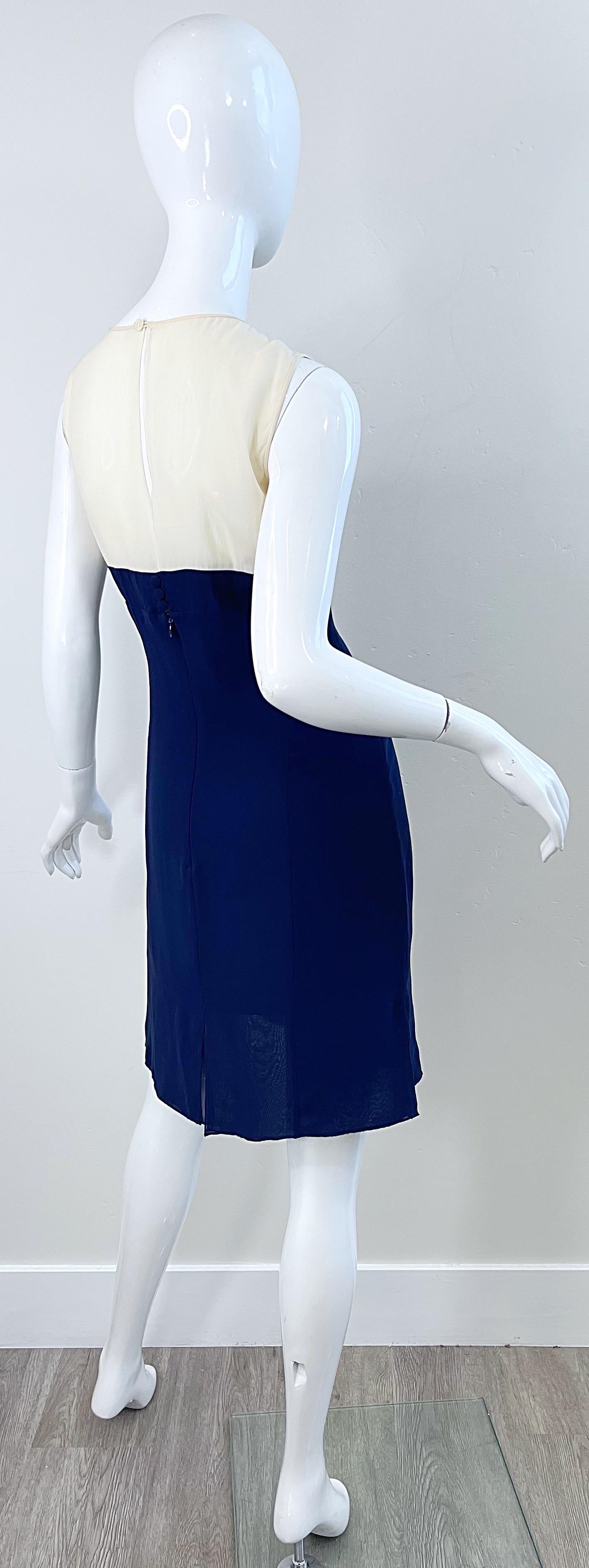 Karl Lagerfeld 1980s Size 44 / US 10 Navy Blue Silk Chiffon Vintage 80s Dress For Sale 4