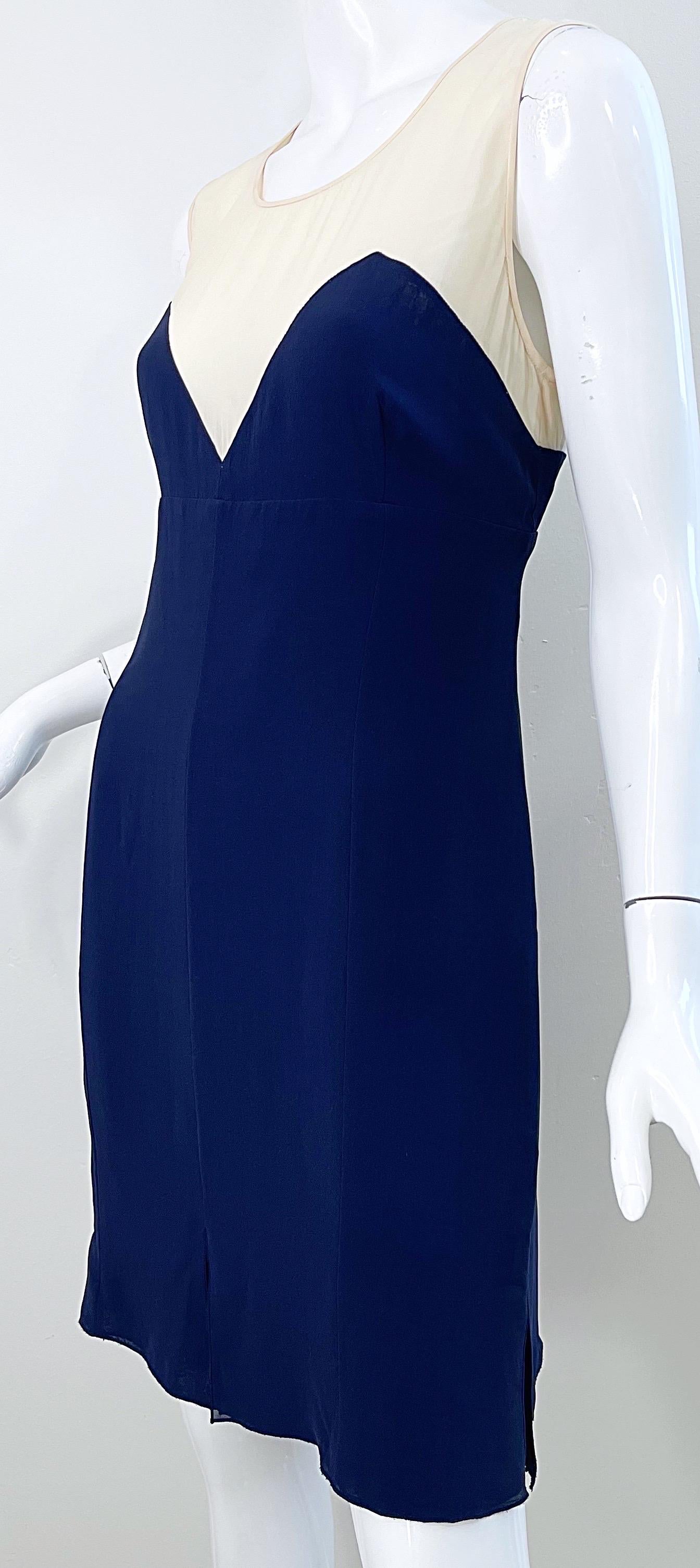 Karl Lagerfeld 1980s Size 44 / US 10 Navy Blue Silk Chiffon Vintage 80s Dress For Sale 5