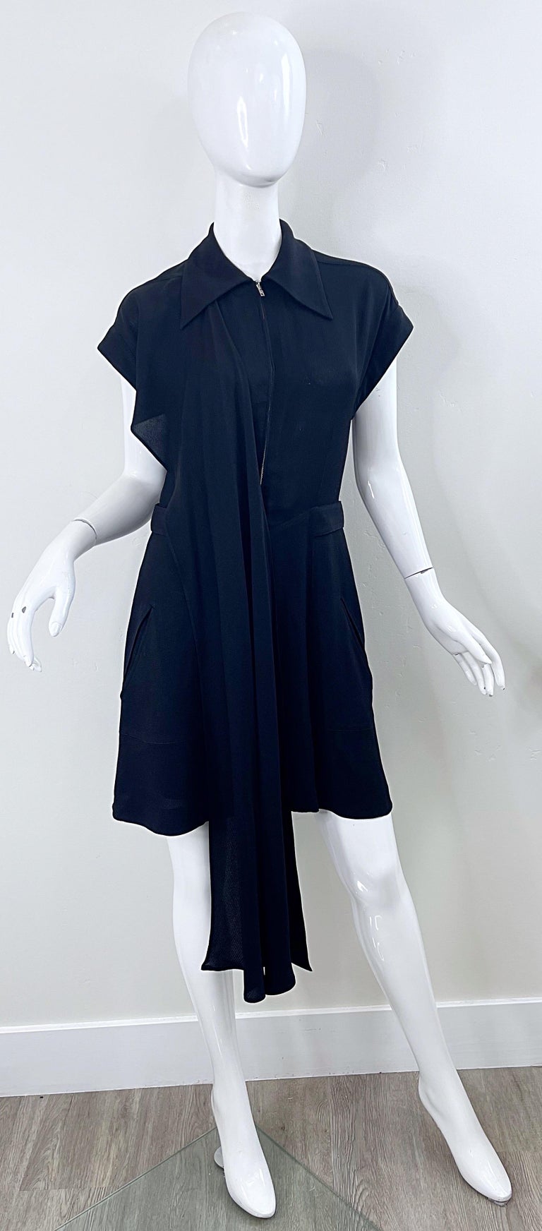 Karl Lagerfeld 1990s Black Avant Garde Vintage 90s Sash Zipper Mini Dress Karl Lagerfeld 1990s Black Avant Garde Vintage 90s Sash Zipper Mini Dress