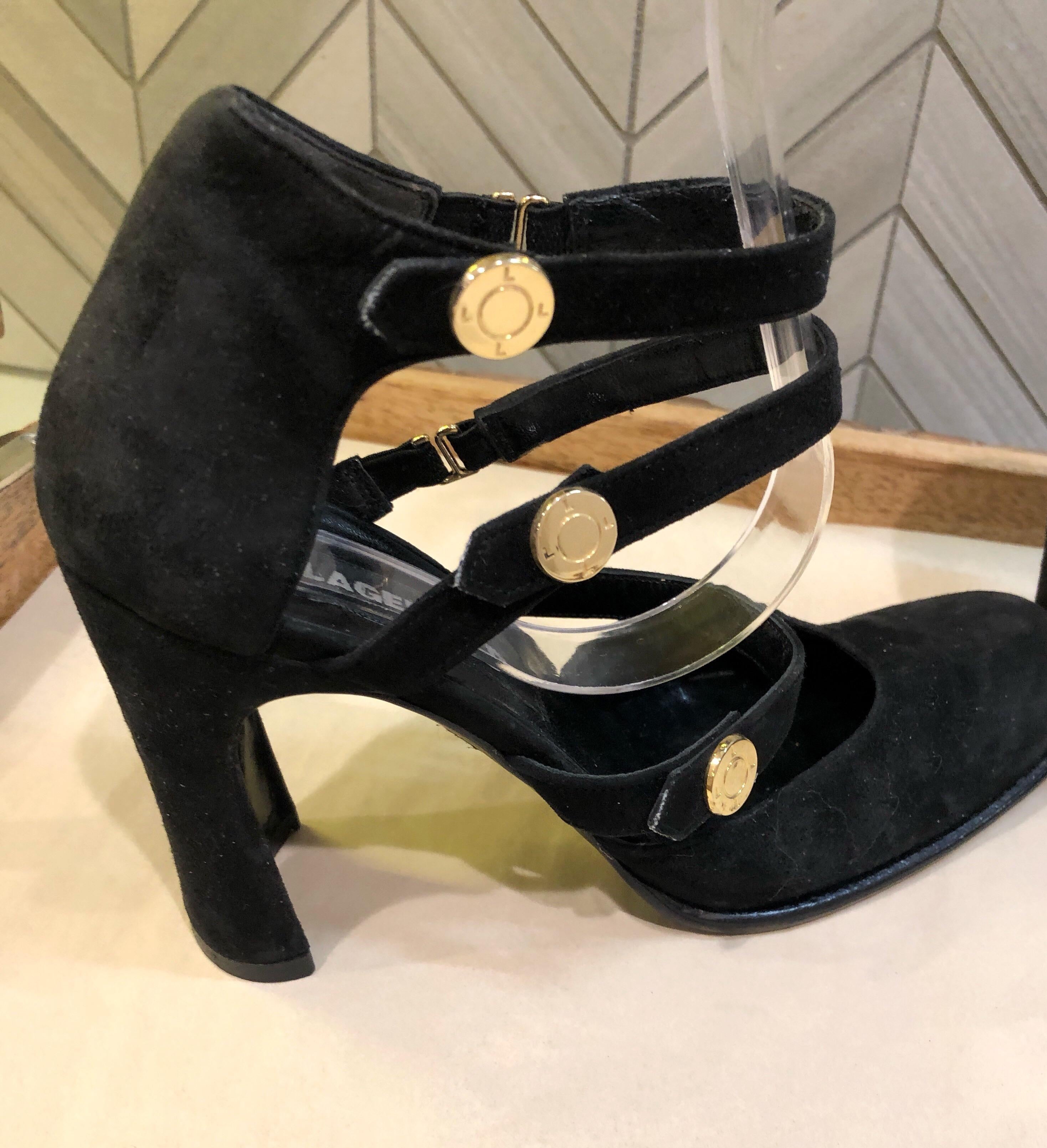 Karl Lagerfeld 1990er Größe 6 Schwarze Bondage inspirierte Vintage Heels aus Wildleder in Schwarz im Angebot 1