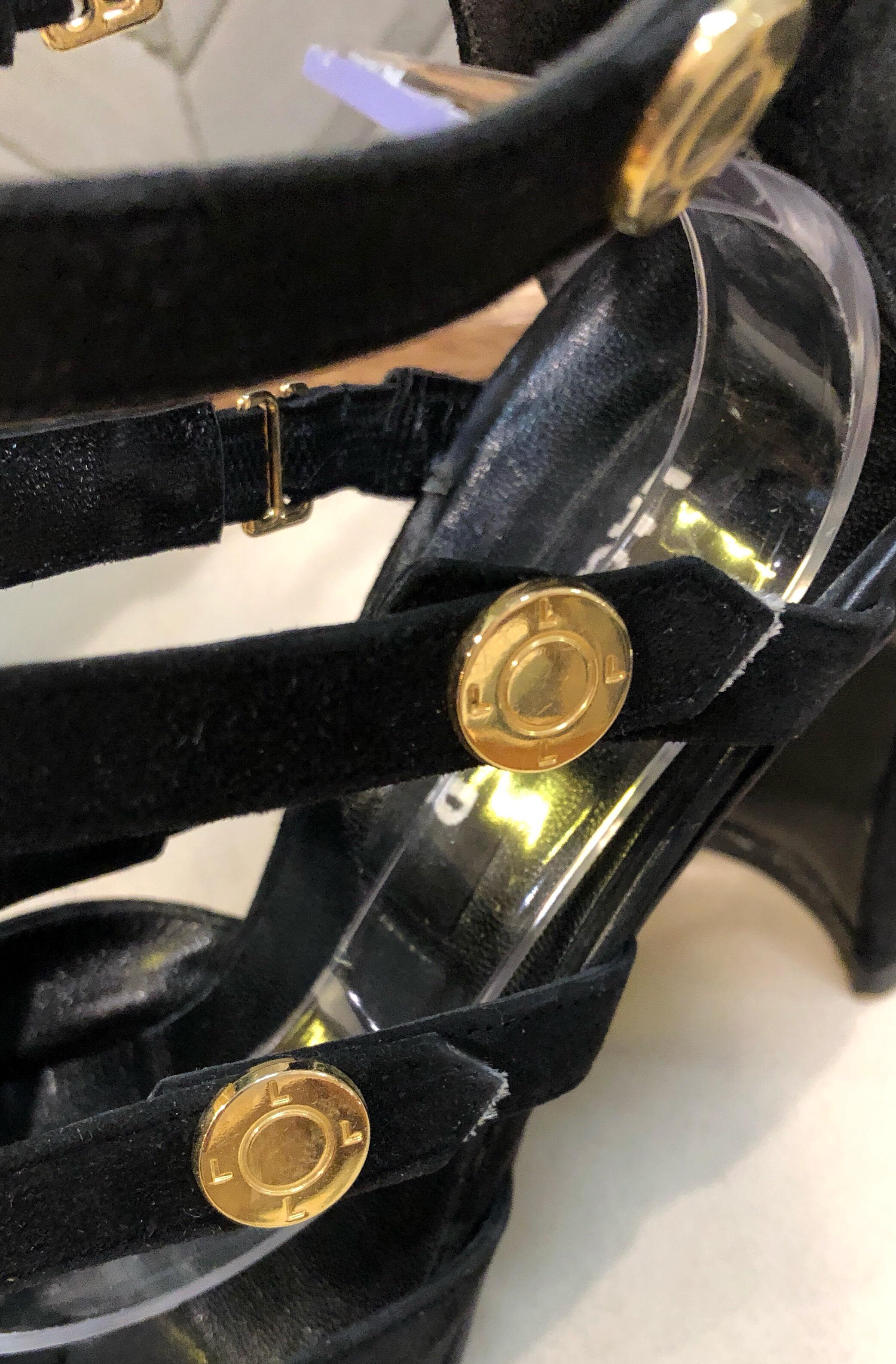 Karl Lagerfeld 1990s Size 6 Black Suede Leather Bondage Inspired Vintage Heels In Excellent Condition For Sale In San Diego, CA