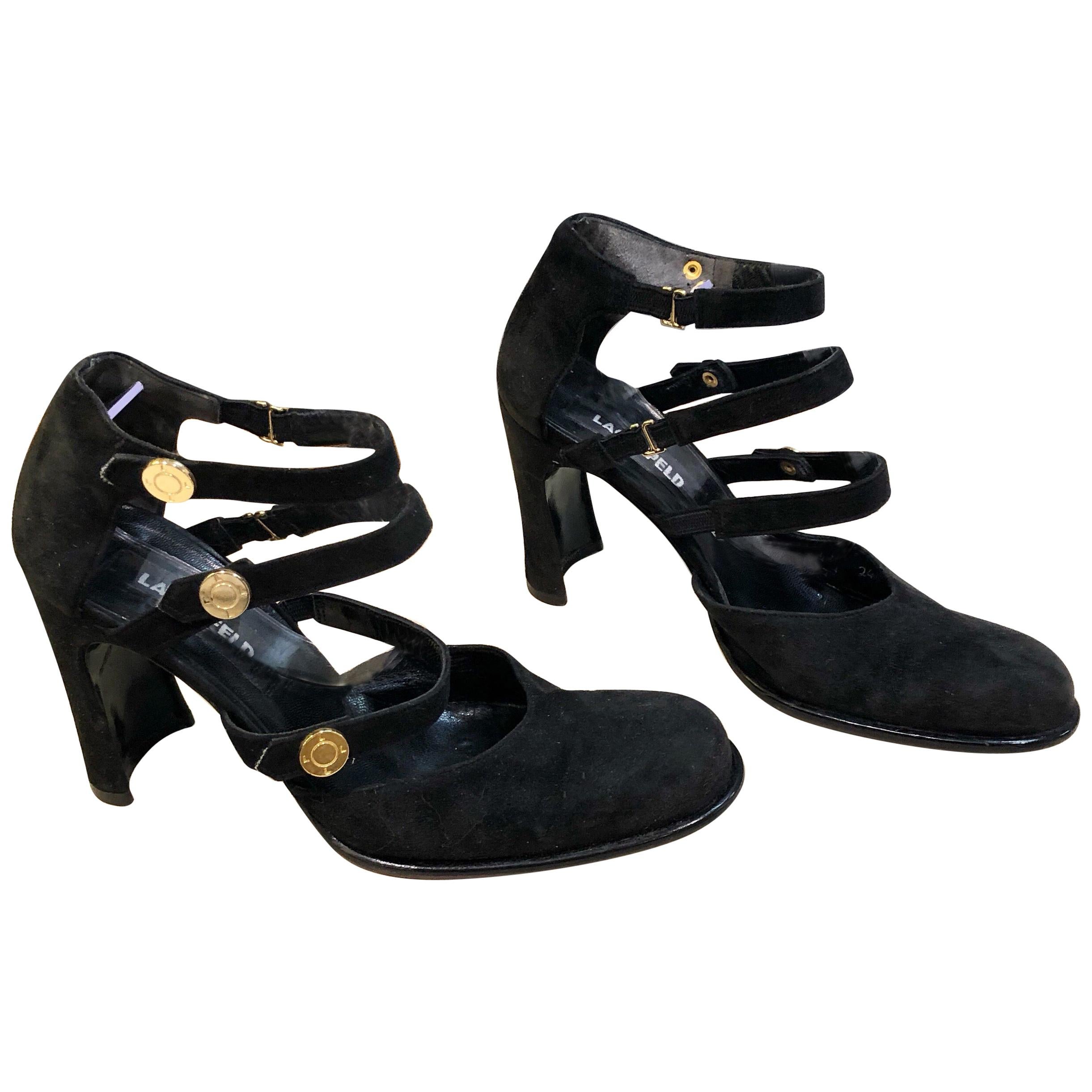 Karl Lagerfeld 1990s Size 6 Black Suede Leather Bondage Inspired Vintage Heels