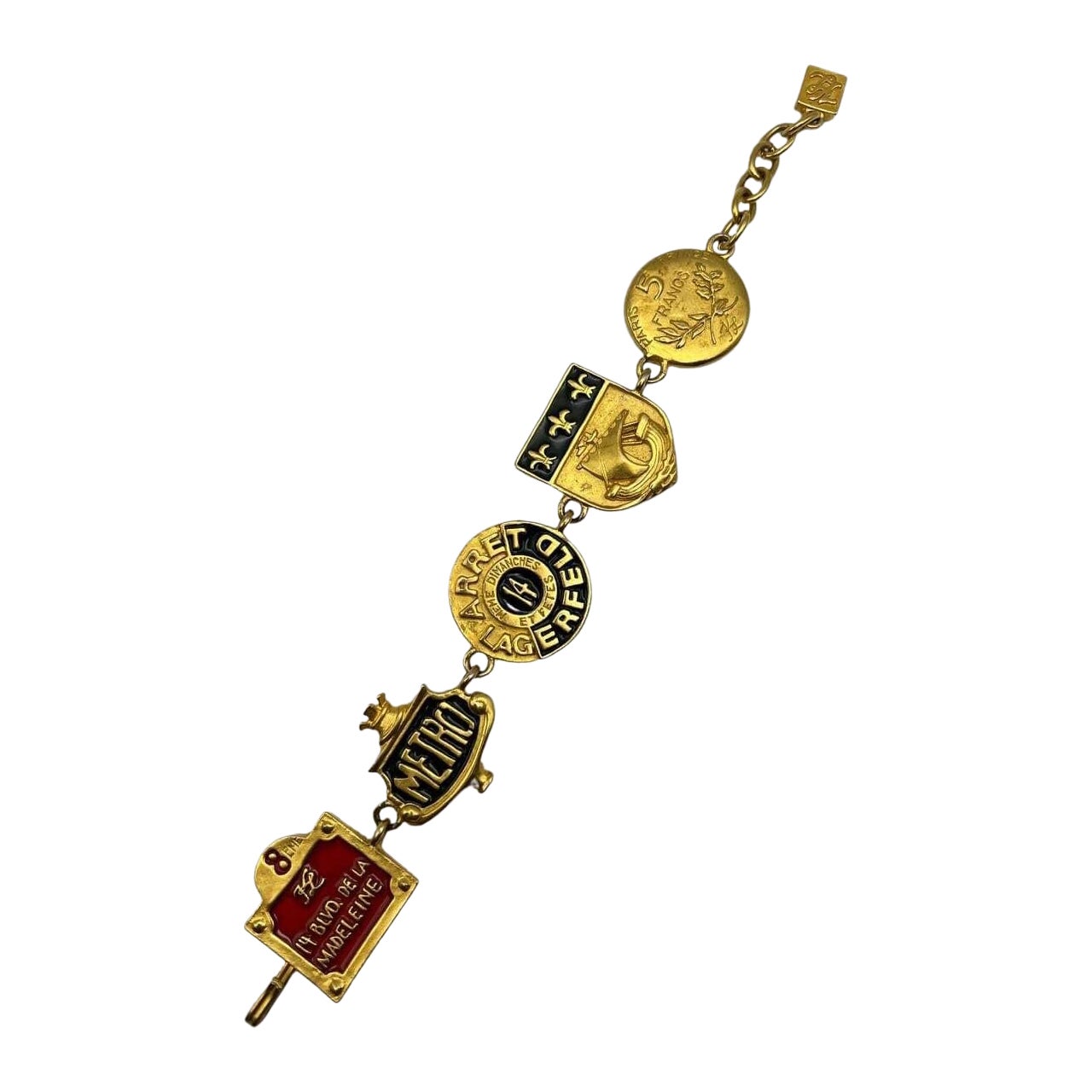 Karl Lagerfeld 24k gold plate Enamel Multi Charm "Paris Metro" Bracelet, 1990s