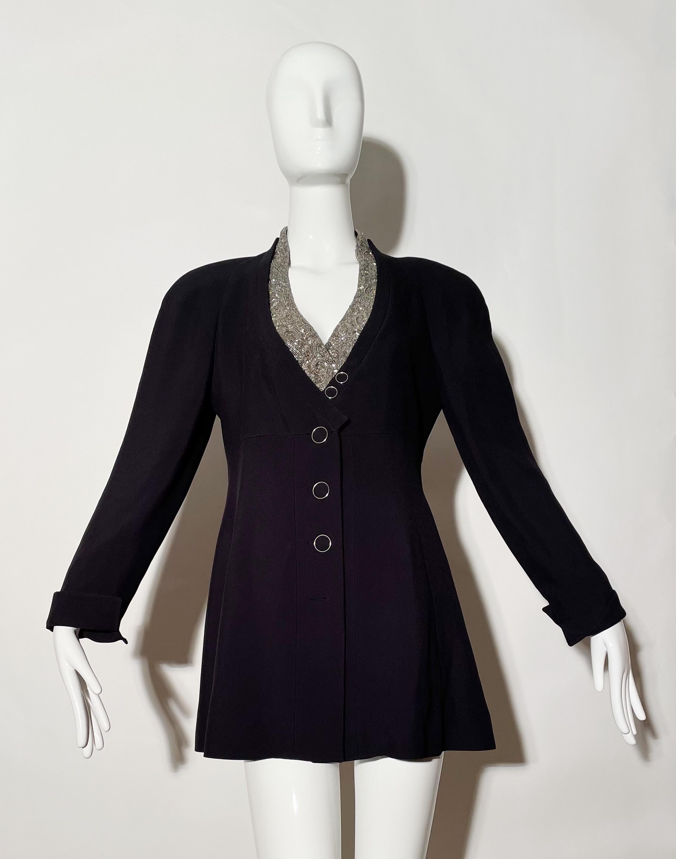 Black blazer with beaded lapel. Front button closures. Pockets. Shoulder pads. Lined. Acetate, viscose blend. Made in France. 
*Condition: Excellent vintage condition. Missing bottom button ( as pictured ) 

Measurements Taken Laying Flat
