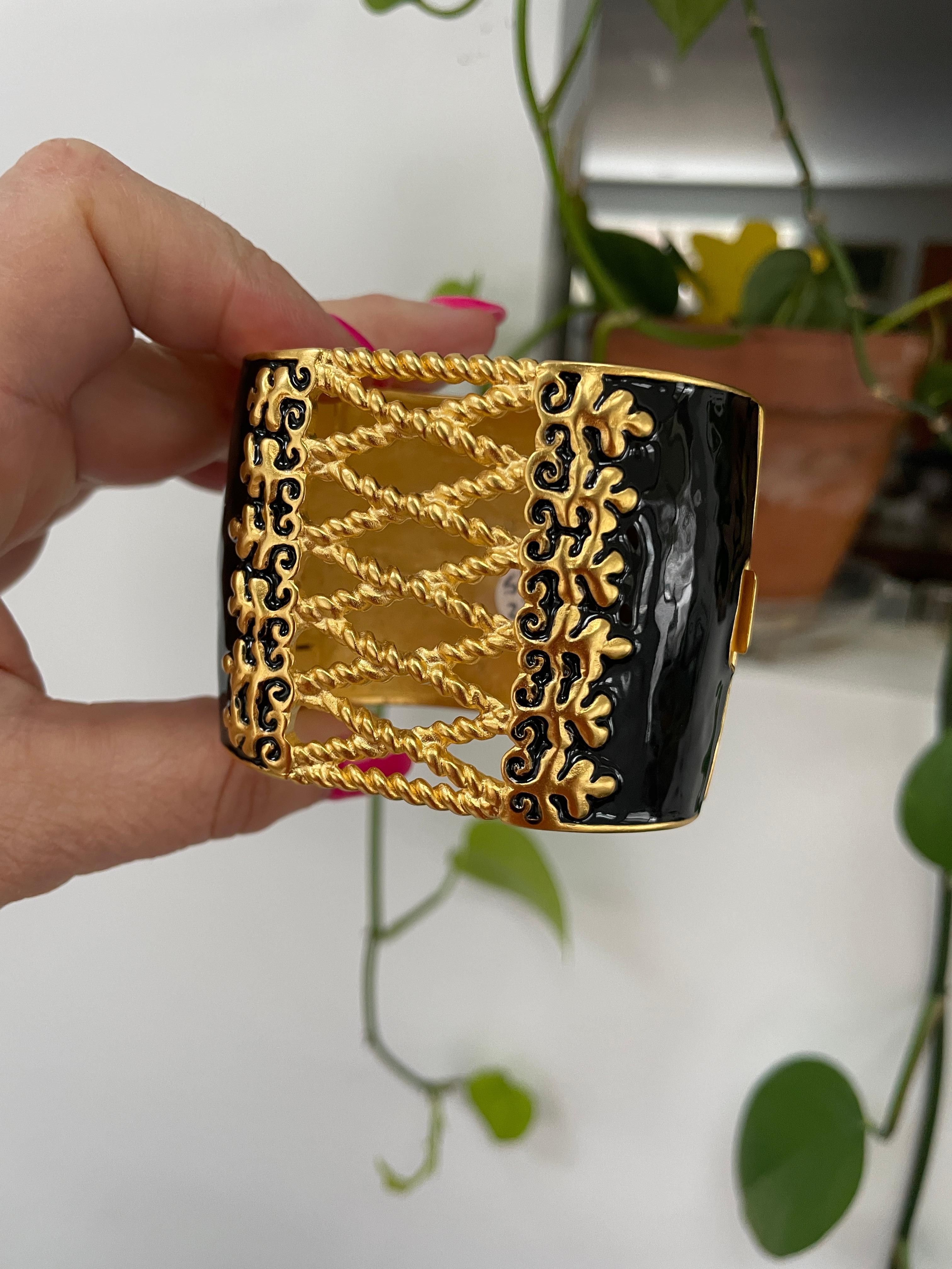 Karl Lagerfeld Black Enamel Gold Corset Bracelet  1990's  For Sale 8