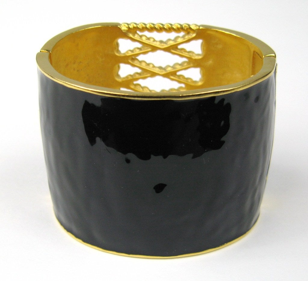 Women's Karl Lagerfeld Black Enamel Gold Corset Bracelet  1990's  For Sale