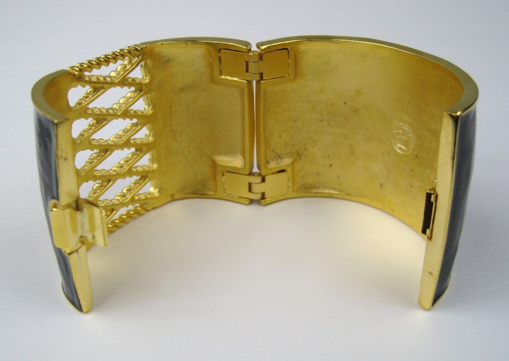 Karl Lagerfeld Black Enamel Gold Corset Bracelet  1990's  For Sale 1