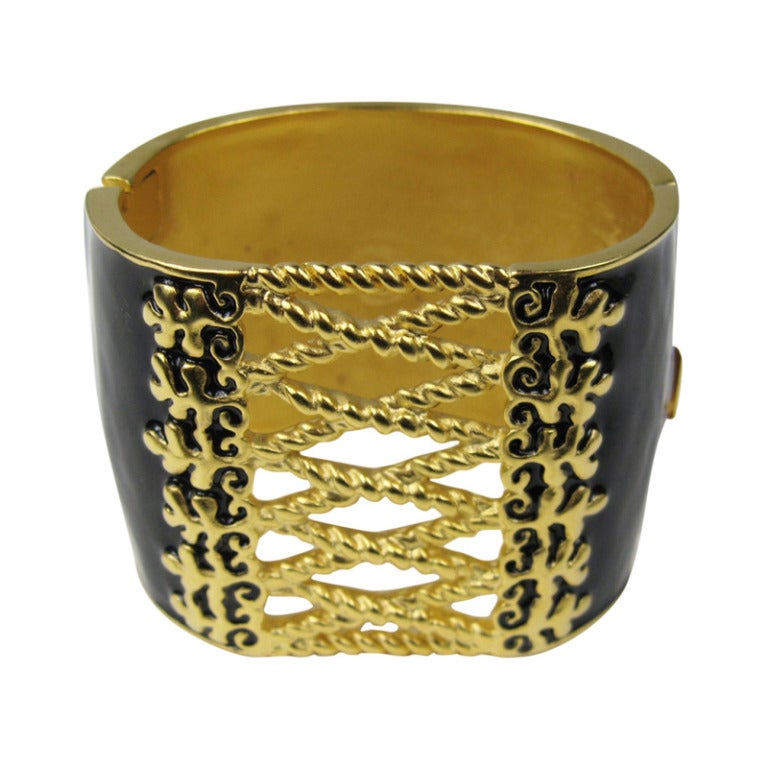 Karl Lagerfeld Black Enamel Gold Corset Bracelet  1990's  For Sale